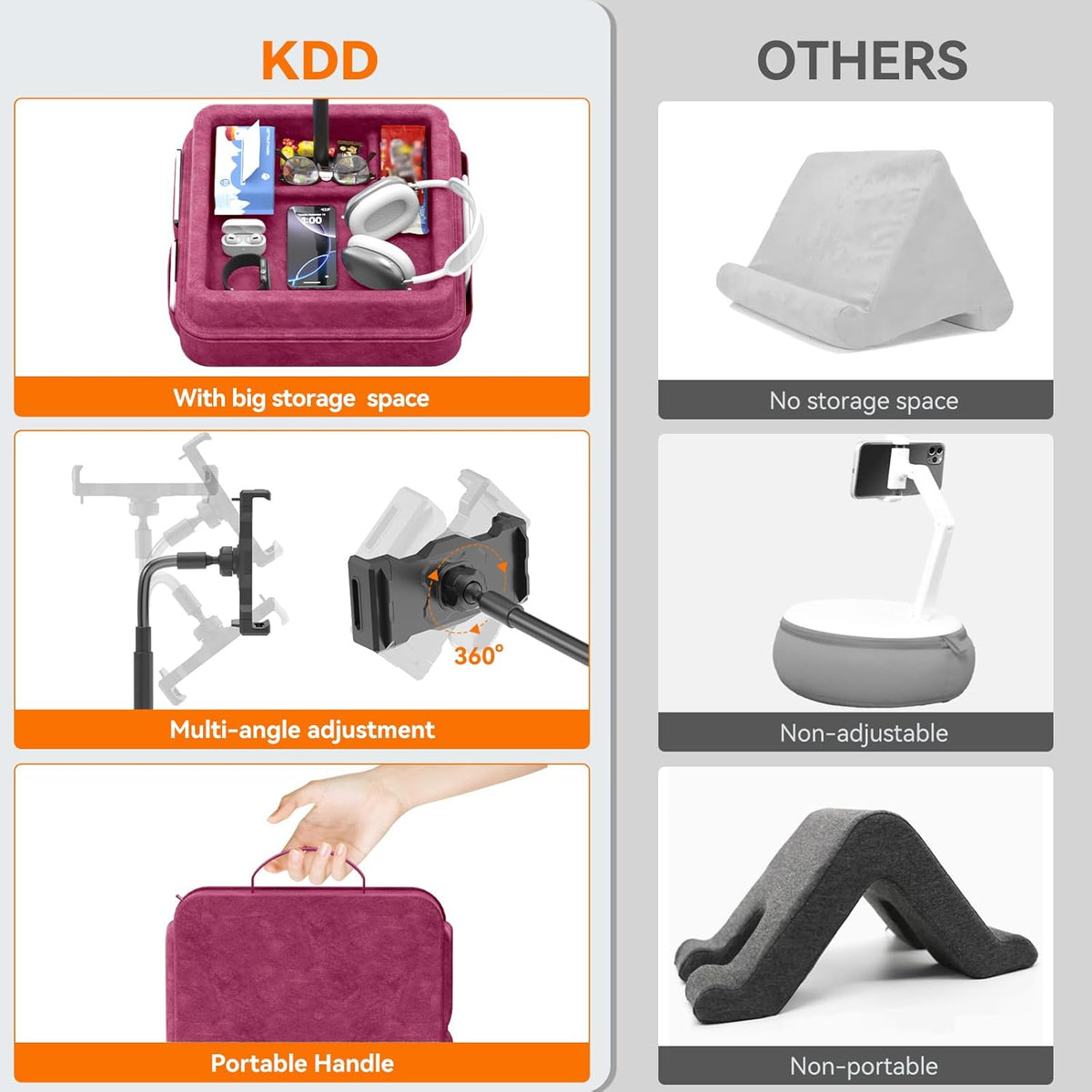 KDD Tablet Pillow Holder - 360°Adjustable iPad Pillow Stand for Lap, Bed and Desk - Gooseneck Tablet Soft Pad Dock with Storage Tray and Pocket Compatible with iPad Pro 12.9, Air Mini, Phone,(Purple)