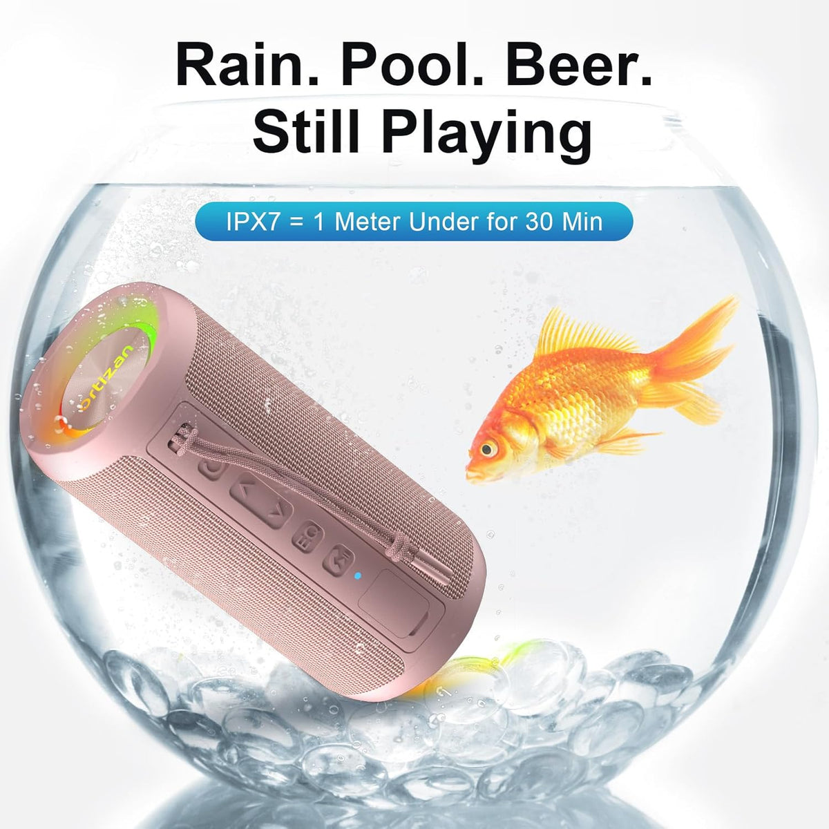Ortizan Wireless Portable Bluetooth Speaker, IPX7 Waterproof, Dustproof and Rustproof, Powerful 24W Sound, Enhanced Bass, 30 Hour Battery, 360° Party Light, and Stereo Pairing (BT 5.3), Gifts - Pink