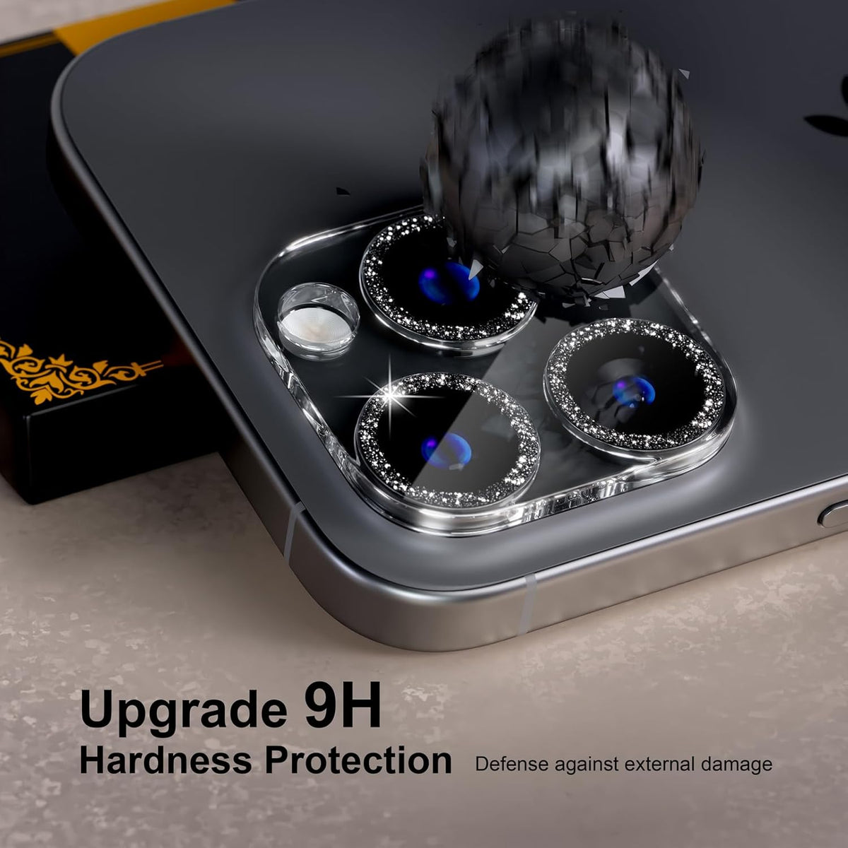beuxece for 6 Pack iPhone 15 Pro/iPhone 15 Pro Max Camera Lens Protector [Drop Protection] [Case Friendly] [Easy Installation] 9H Tempered Glass Camera Screen Protector Cover, Glitter Black