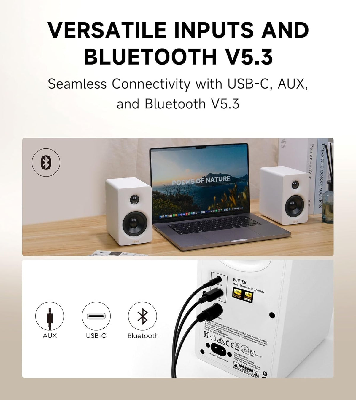 Edifier M60 Multimedia Speaker Bluetooth 5.3, 66W RMS, Hi-Res Audio & Hi-Res Wireless Audio, LDAC,3" Mid Bass & 1" Tweeter, USB-C & Aux Inputs, Compact Desktop Speaker - White