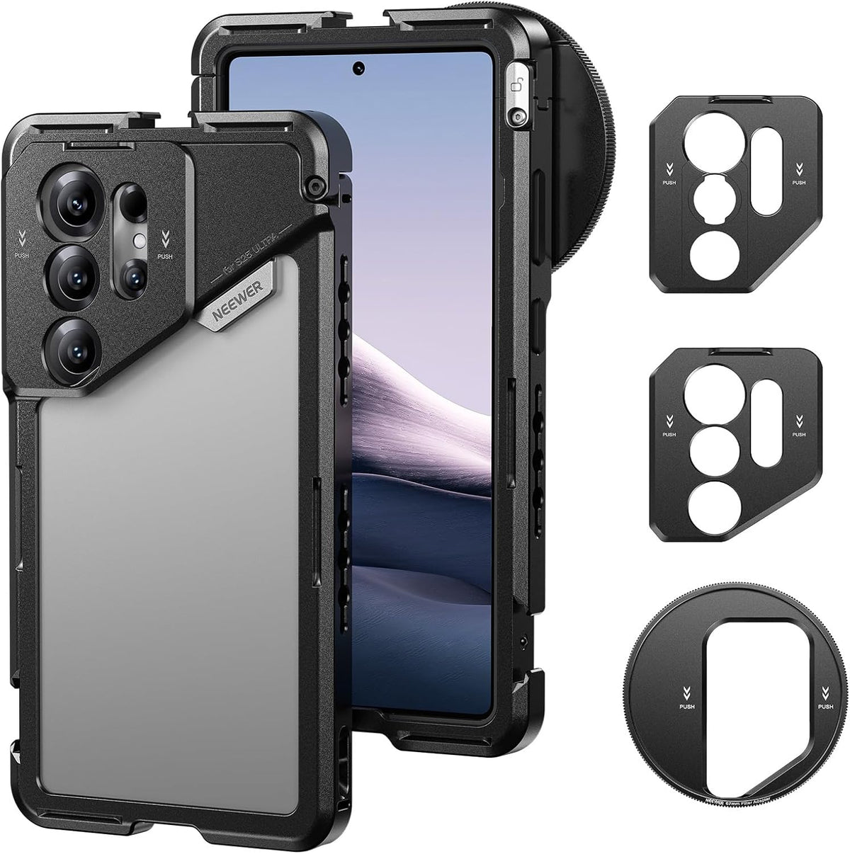 NEEWER S25 Ultra Phone Cage, Mobile Video Rig Phone Stabilizer with 67mm Filter Adapter, 17mm Lens Backplate, T Mount Lens Adapter, Compatible with Samsung Galaxy Moment T Series Lenses, PA082