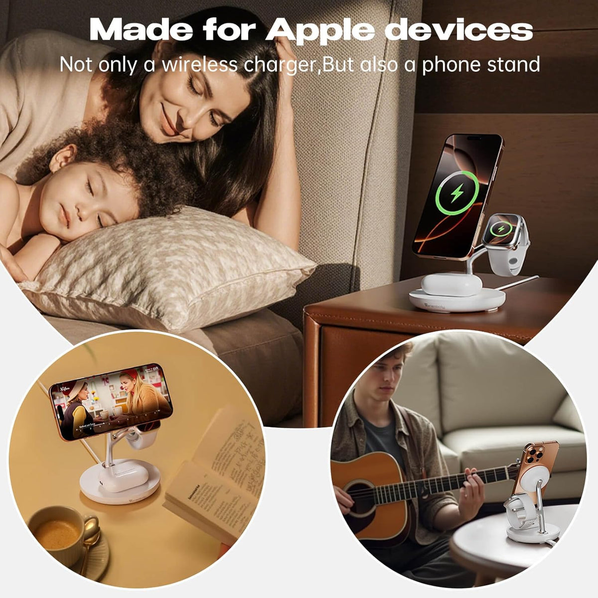 3 in 1 Wireless Charging Station for Multiple Devices Apple Magsafe Charger Stand, Fast Magnetic Mag-Safe Wireless Charger Dock for iPhone 16 15 14 13 12 Series Watch Airpods NigntStand Charging Dock
