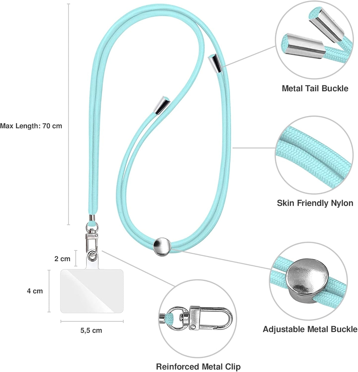 Cell Phone Lanyard [Light Blue] - Comfortable Universal Smartphone Lanyard - Easy to Use Neck Phone Holder [Clear Patch] - Adjustable Length Phone Strap Crossbody - Fits All Mobile Phones