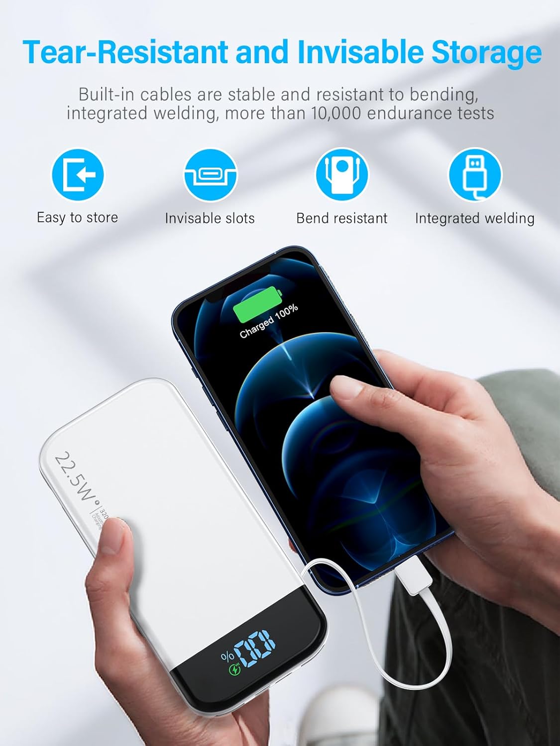Portable Charger 32000mAh, 22.5W QC 3.0 PD 20W Smart LED Display Fast Charging Built in Cables Power Bank, External Battery Pack Charge 5 Devices Compatible with Cellphones (White)