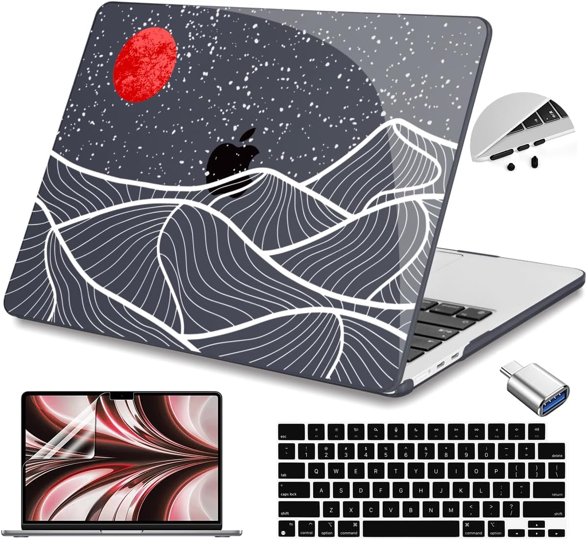 Teryeefi for M3 M2 M4 MacBook Air 13 inch Case 2025 2024 2023 2022 Release A3240 A3113 A2681 Model,Hard Shell Case for MacBook Air 13.6 inch + Keyboard Cover + Type C Adapter, Abstract Mountain-100