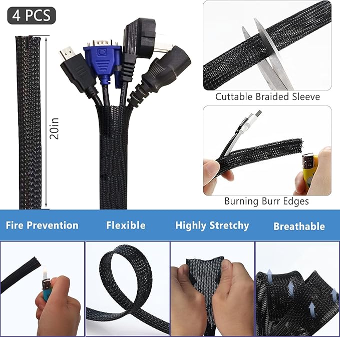 ELII 300PCS Cable Management Kit,4 Cable Sleeve 35 Cable Clips