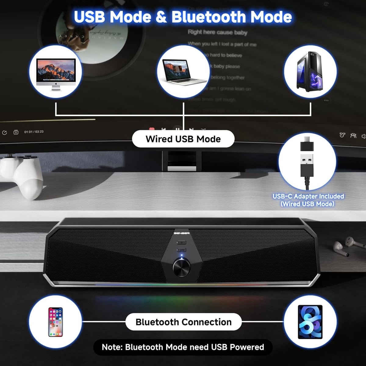 SENZER CS30 Bluetooth Computer Speakers for Desktop, USB Plug & Play PC Speakers with Dynamic LED Light, Stereo Sound Soundbar for Desktop Laptop Monitor (USB-C Adapter Included)