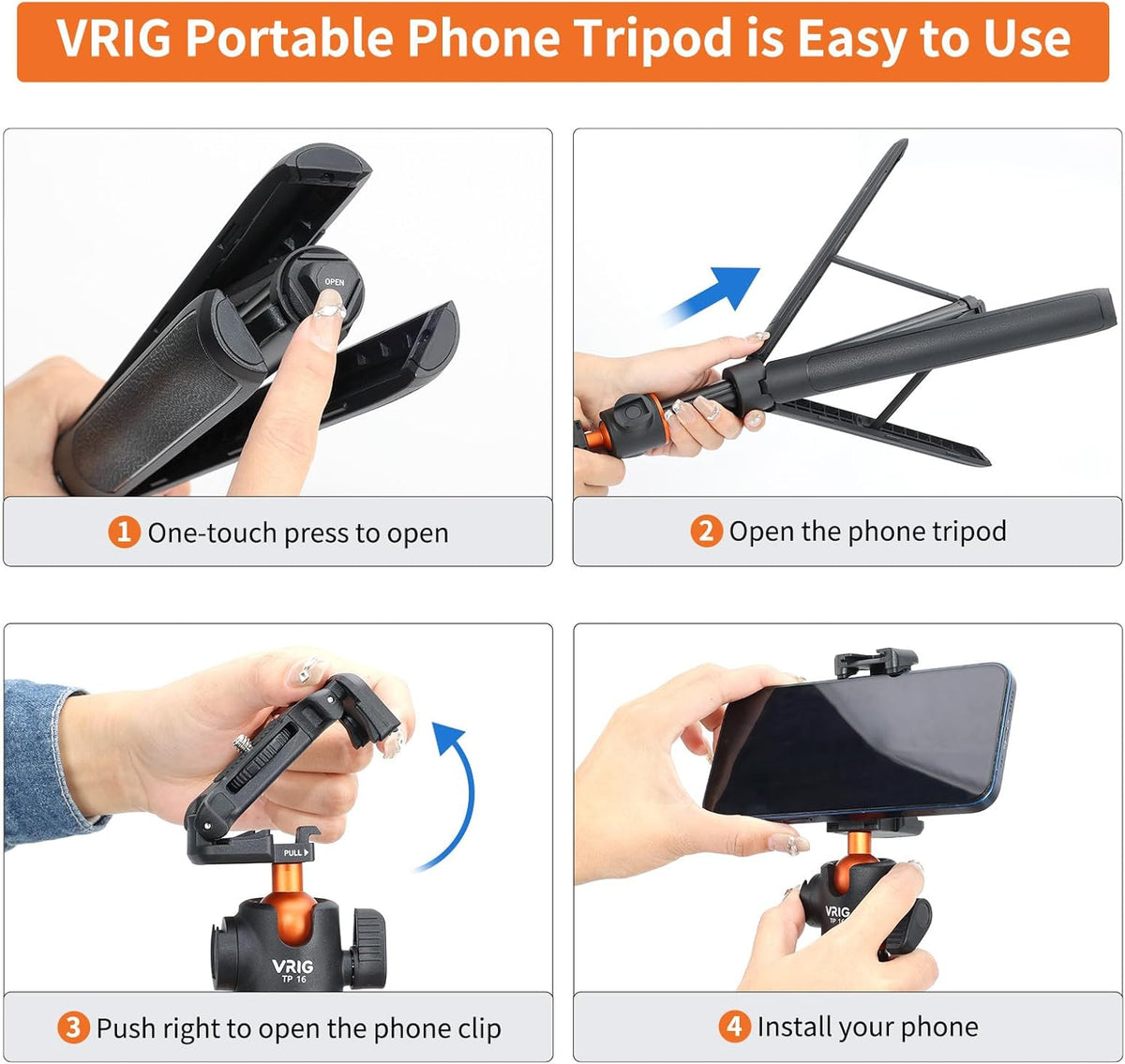 VRIG TP16 Camera Tripod, 55 inch Extendable Phone Selfie Stick Camera Tripod Stand with 2 in 1 Phone Clip, 5 Levels Adjustment 360° Ball Head Loads Up for Pocket 3 Insta360 X5 iPhone Sony Canon