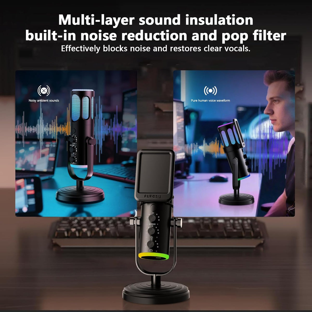 PUPGSIS Gaming Microphone for PC, Noise Cancellation Condenser Mic with RGB Lights, Mute, Monitoring, Pop Filter, Desktop-Mic for Streaming/Podcasting/Recording/Gaming Equipment, Plug & Play-Black