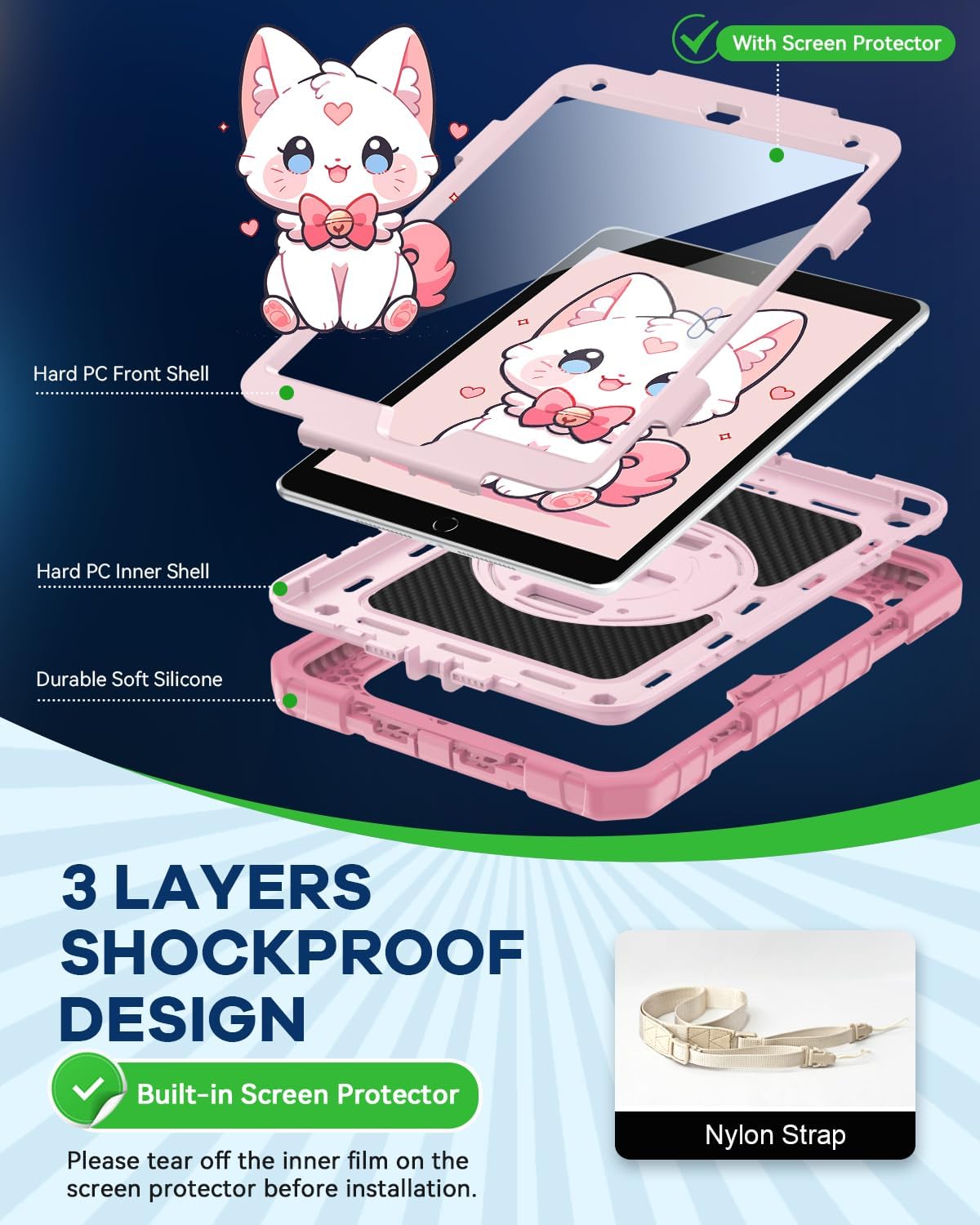 Cantis Case for iPad 9th/8th/7th Generation with Screen Protector, iPad 10.2 Case 2021/2020/2019 with 360 Degree Rotating Stand/Shoulder Strap/Pencil Holder, Pink