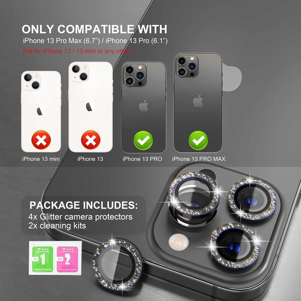 Choiche [3+1 for iPhone 13 Pro/iPhone 13 Pro Max Camera Lens Protector Bling, 9H Tempered Glass Camera Cover Screen Protector Metal Ring Decoration Accessories (Glitter-Graphite)
