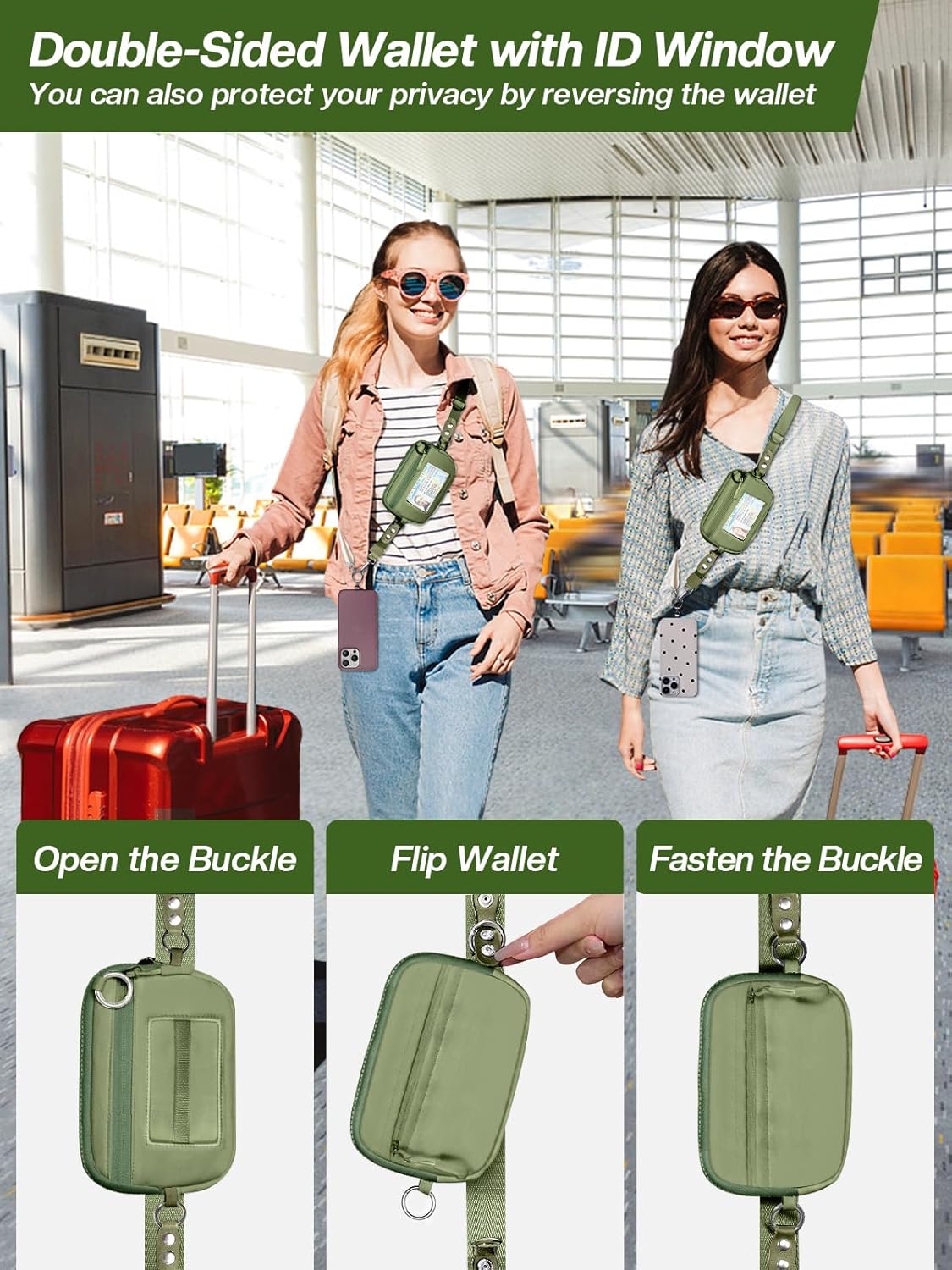 Clip and Go Strap for Phone with Wallet Crossbody Phone Lanyard Adjustable and Detachable RFID Wristlet Wallet with ID Window and Zipper, Green