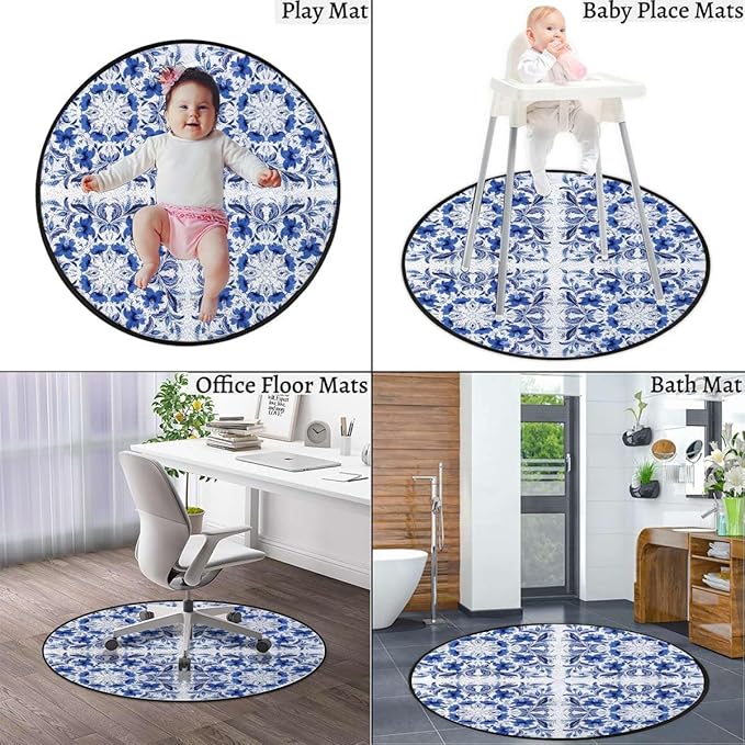 Blue Round Rug Nursery Rug for Bedroom Playroom Non Slip Educational Playmat Round Circle Carpet Porcelain Style Traditional Pattern Colors Diameter 39.4 in