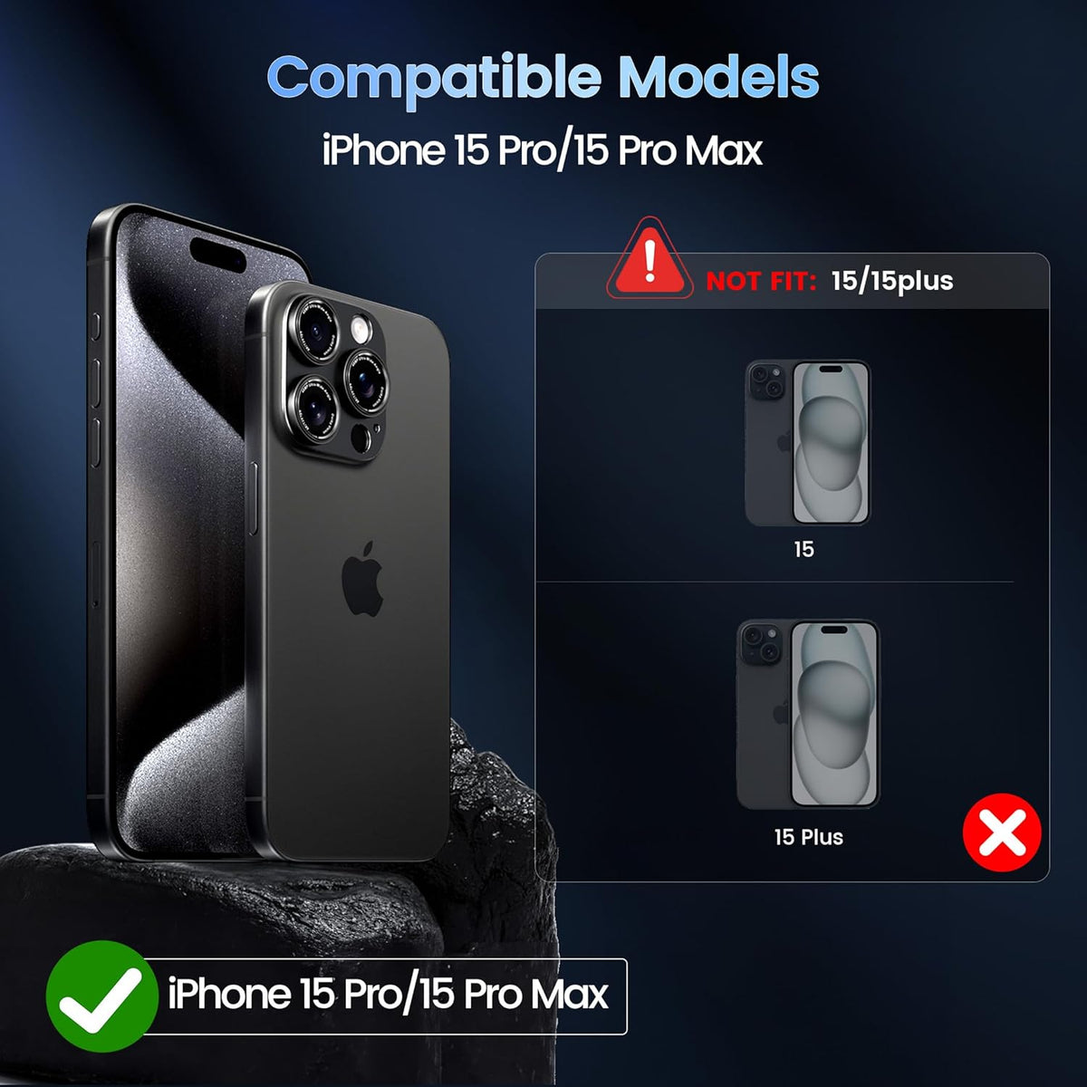 CACOE for iPhone 15 Pro/15 Pro Max Camera Lens Protector - Metal Frame Tempered Glass Cover, [Anti-Scratch] [Drop-Proof][Strong-Adhesion] Camera Screen Cover(Black)