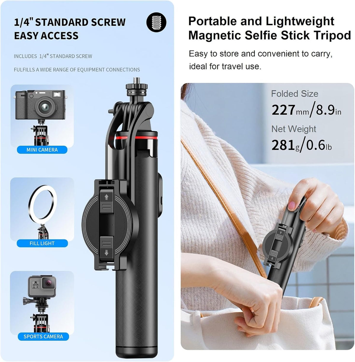 Magnetic Selfie Stick Tripod for iPhone, 51" Phone Tripod Compatible with Magsafe, Travel Selfie Stick for iPhone 16 15 14 12 Series Android Phone Stand Camera Holder for Video Recording