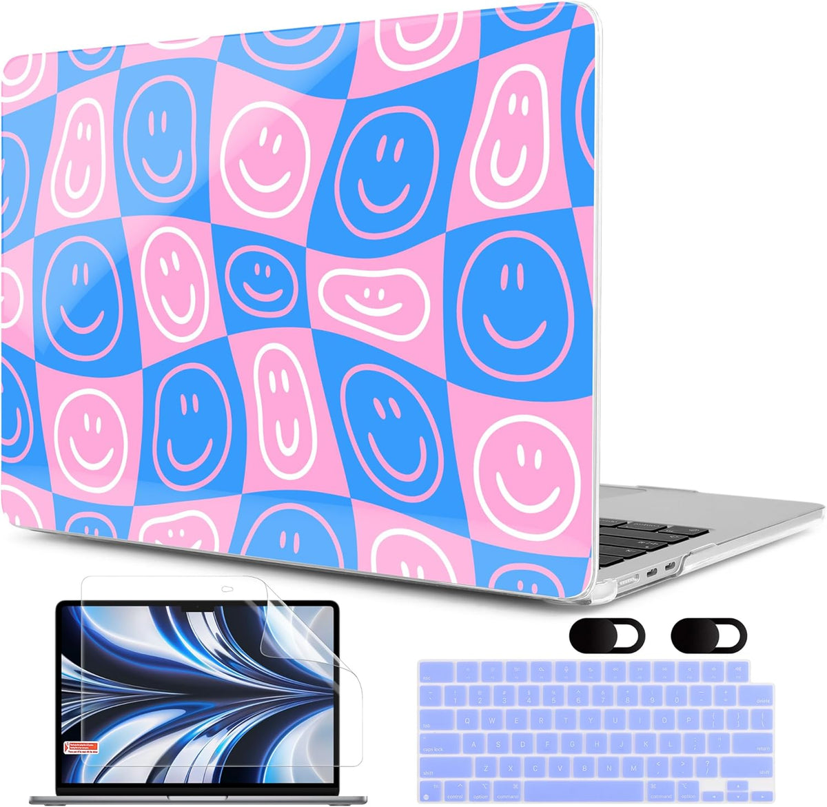 MEEgoodo Case for MacBook Air M4/M3/M2 13.6 inch 2025 2024 2022, Fit Model A3240 A3113 A2681, Compatible with MacBook Air 13 inch, Laptop Hard Shell Case with Keyboard Cover, Smiling Faces & Checkered