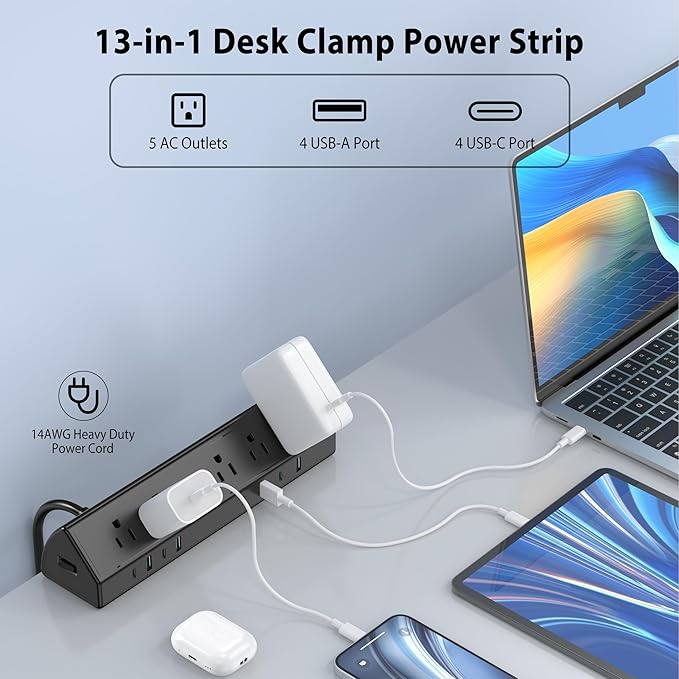 Jgstkcity Desk Clamp Power Strip USB C 45W,8 USB,15FT Cable,Black