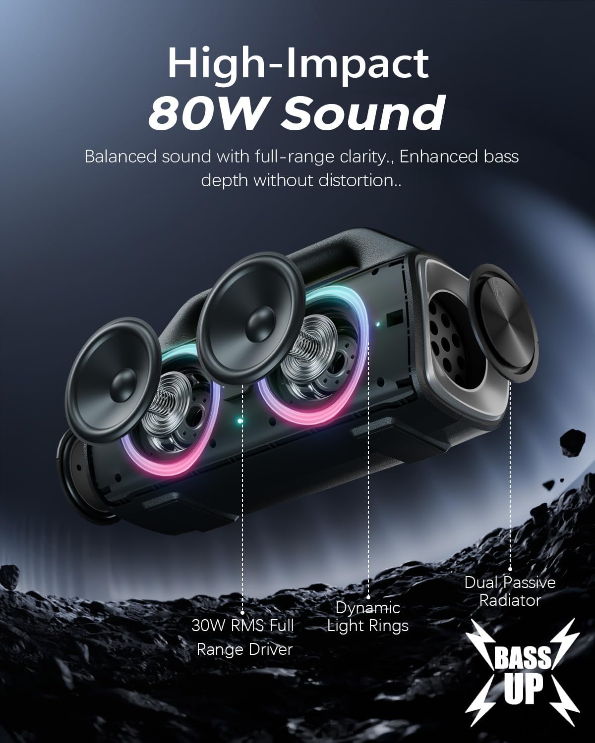 Speakers, 80w (Peak) Portable Wireless Speaker with Lights, Stereo Loud Sound, IP67 Waterproof, Deep Bass Outdoor Speakers Bluetooth 5.0 Dual Pairing for Home Party Beach Camping, Gifts