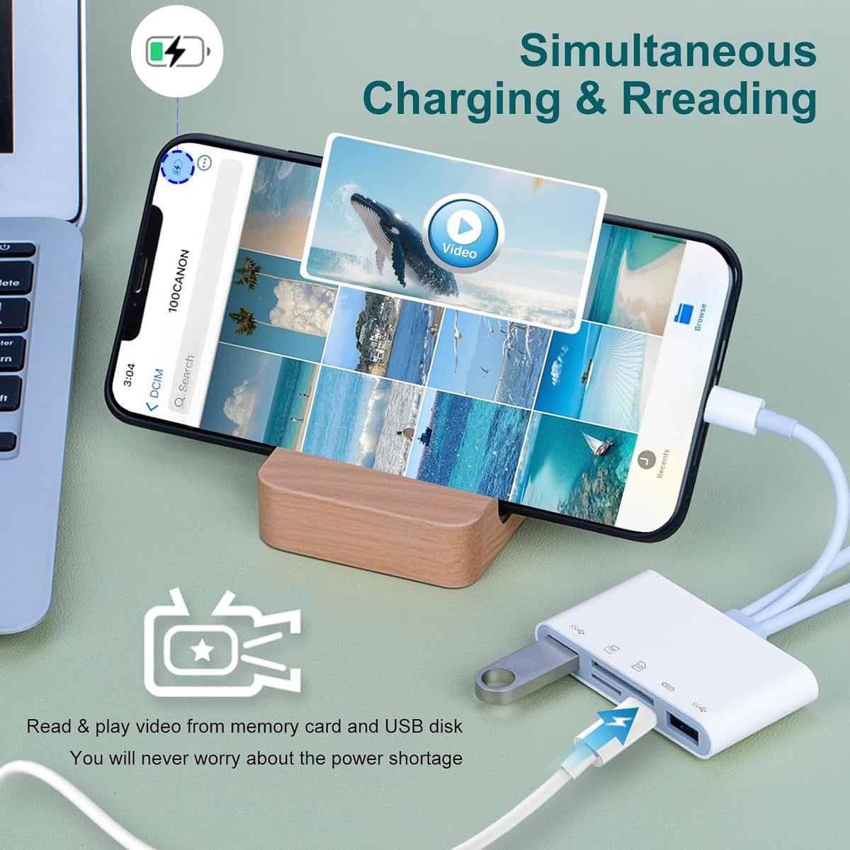SD Card Reader for iPhone/iPad, 5-in-1 Universal Memory Card Reader for SD/TF Card/USB Drive, USB-C/Lightning/USB Connector Compatible with iPhone 16/iPad Pro/Galaxy/MacBook/Dell etc.