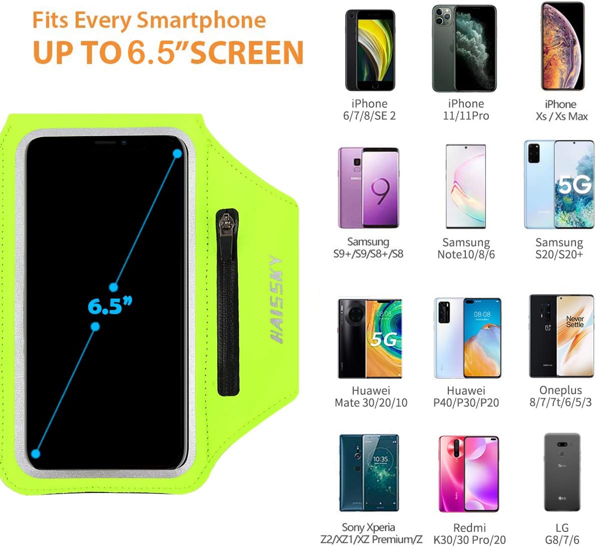 Running Armband with Earphone Bag Cell Phone Armband for iPhone 16 15 Pro 14 Plus 13 11 XR XS, Galaxy S24/S10 Water Resistant Sports Phone Holder Case & Zipper Slot Car Key Holder for 6.7 inch Phone