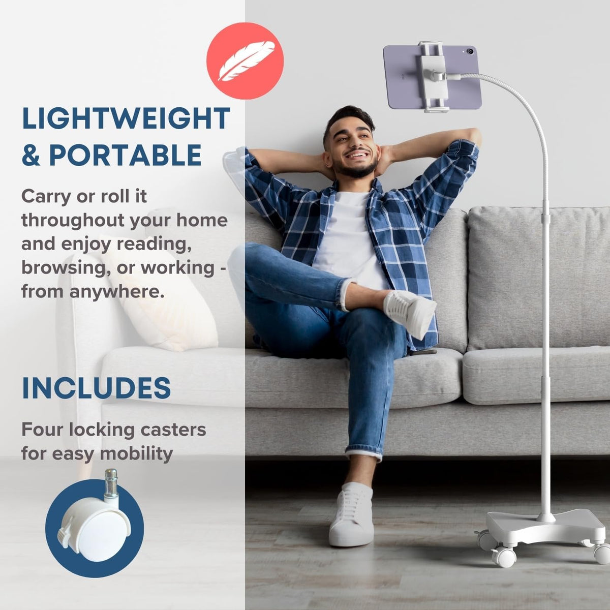 LEVO Adjustable Height Floor Stand on Wheels for Tablet & Phone - Gooseneck Holder Mount with Stable Base - Compatible with All Cell Phones & Tablets (4-13 inch) - White
