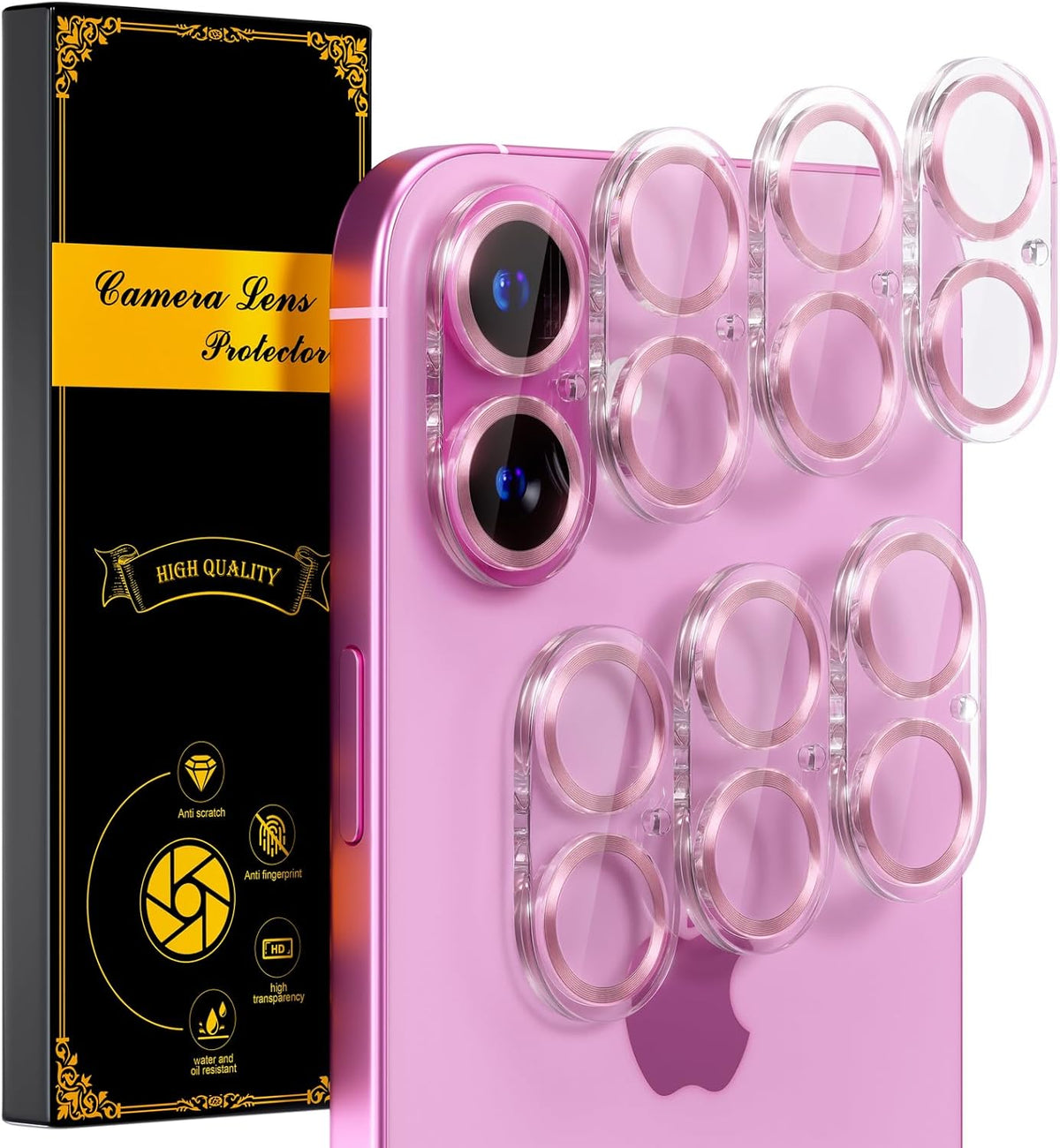 beuxece for 6 Pack iPhone 16 / iPhone 16 Plus Camera Lens Protector [Drop Protection] [Case Friendly] [Easy Installation] 9H Tempered Glass Camera Screen Protector Cover Accessories, CD Pink