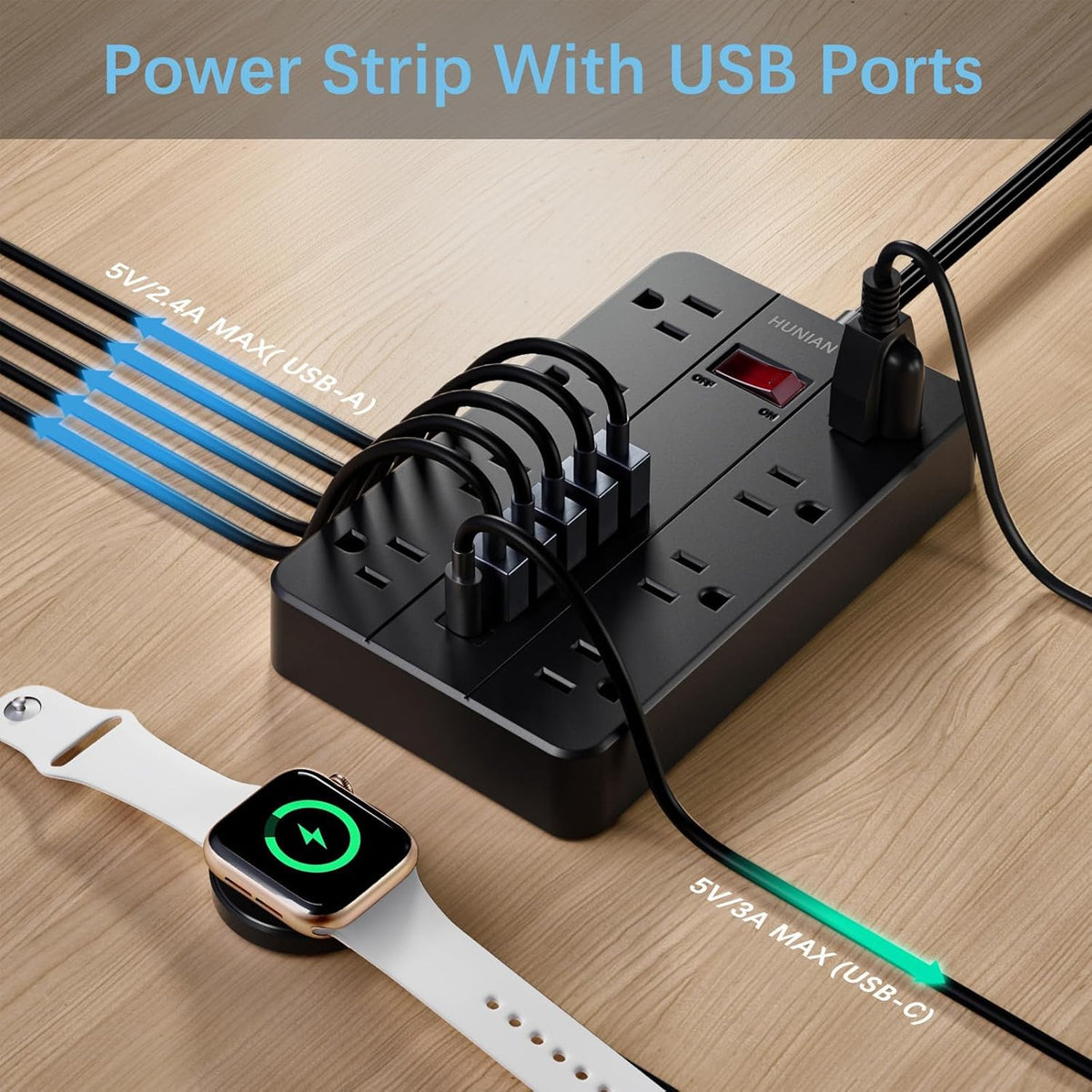Power Strip with USB Ports, HUNIAN 5 Ft Extension Cord Flat Plug with 8 Outlets, 6 USB Charger(1 USB C Port), Indoor Desk Charging Station Surge Protector for Home and Office Accessories, Black