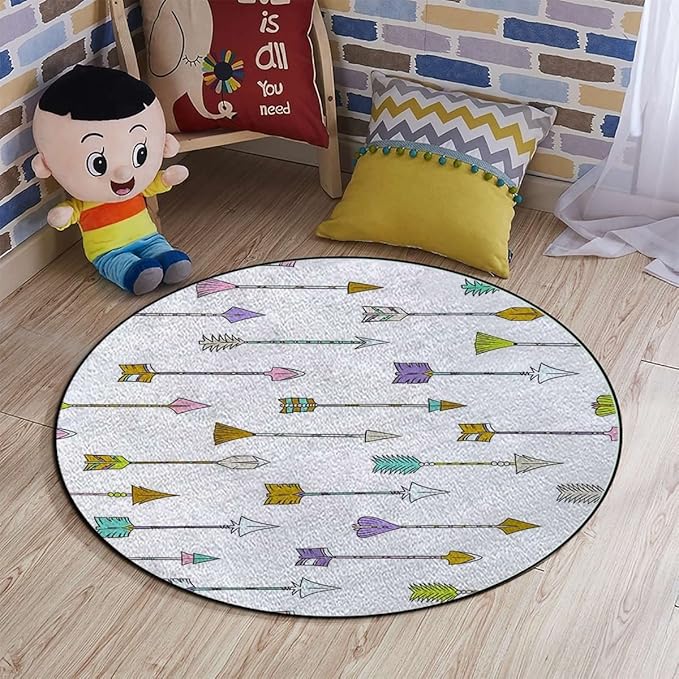 Arrows Round Carpet Playmat - Play Learn and Have Fun SafelyCrawling Mat Educational Soft Rug Shower/Birthday Gift Geometric Colorful Arrows PatternCharcoal Grey Gold Diameter 47.2 in