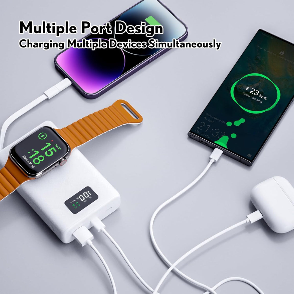 pzoz 20000mAh Portable Power Bank Powerbank Battery Pack with Apple Watch Magnetic Wireless Charger,USB Type C PD Fast Charging Cable Travel High Capacity Compatible iWatch iPhone 16 15 Phone (White)