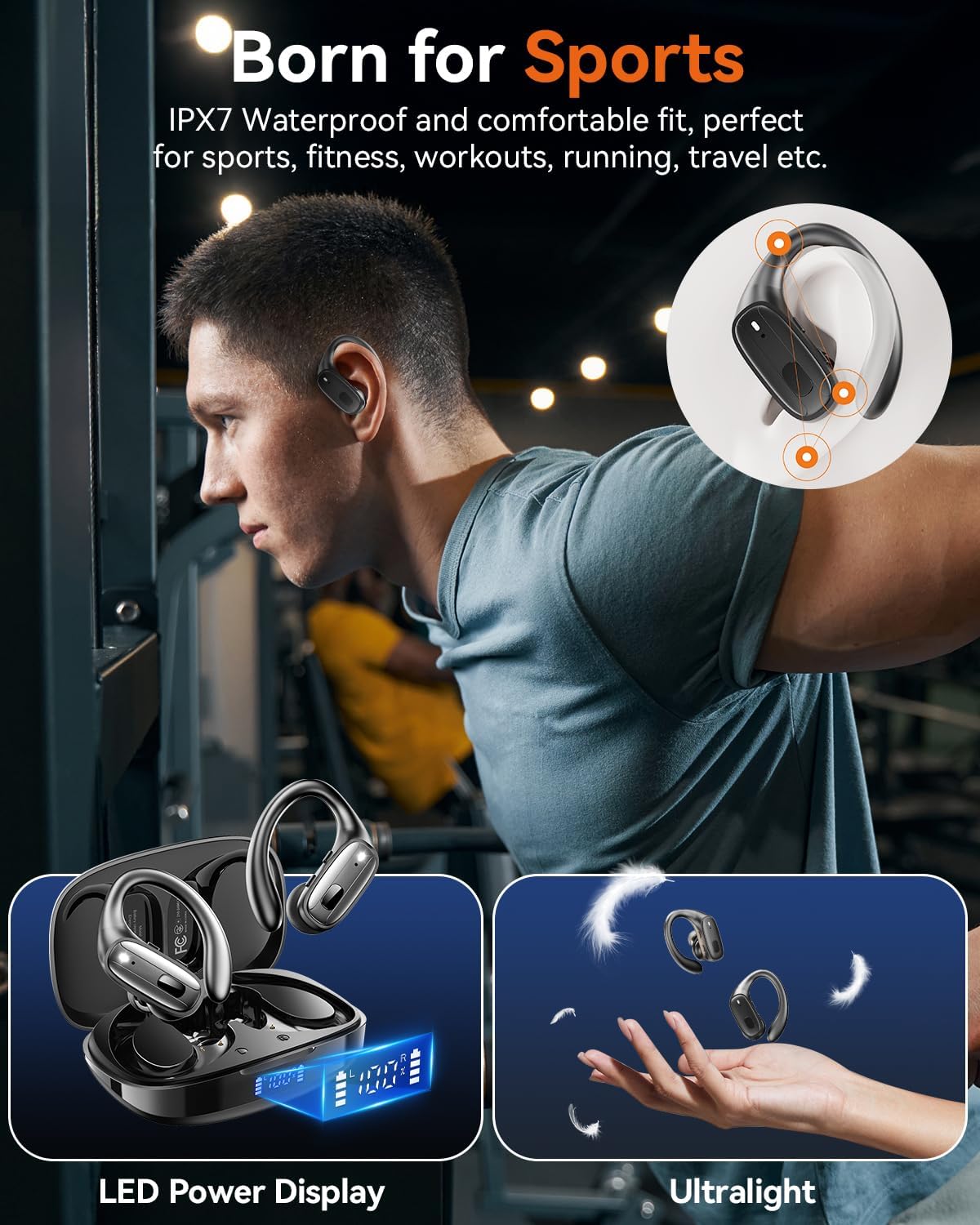 Wireless Earbuds, Sports Bluetooth 5.4 Headphones, Ear Buds with ENC Noise Canceling Mic, 80Hr Playtime Earphones, Palm-Sized, LED Power Display, IPX7 Waterproof Headset for Workout Running, Black