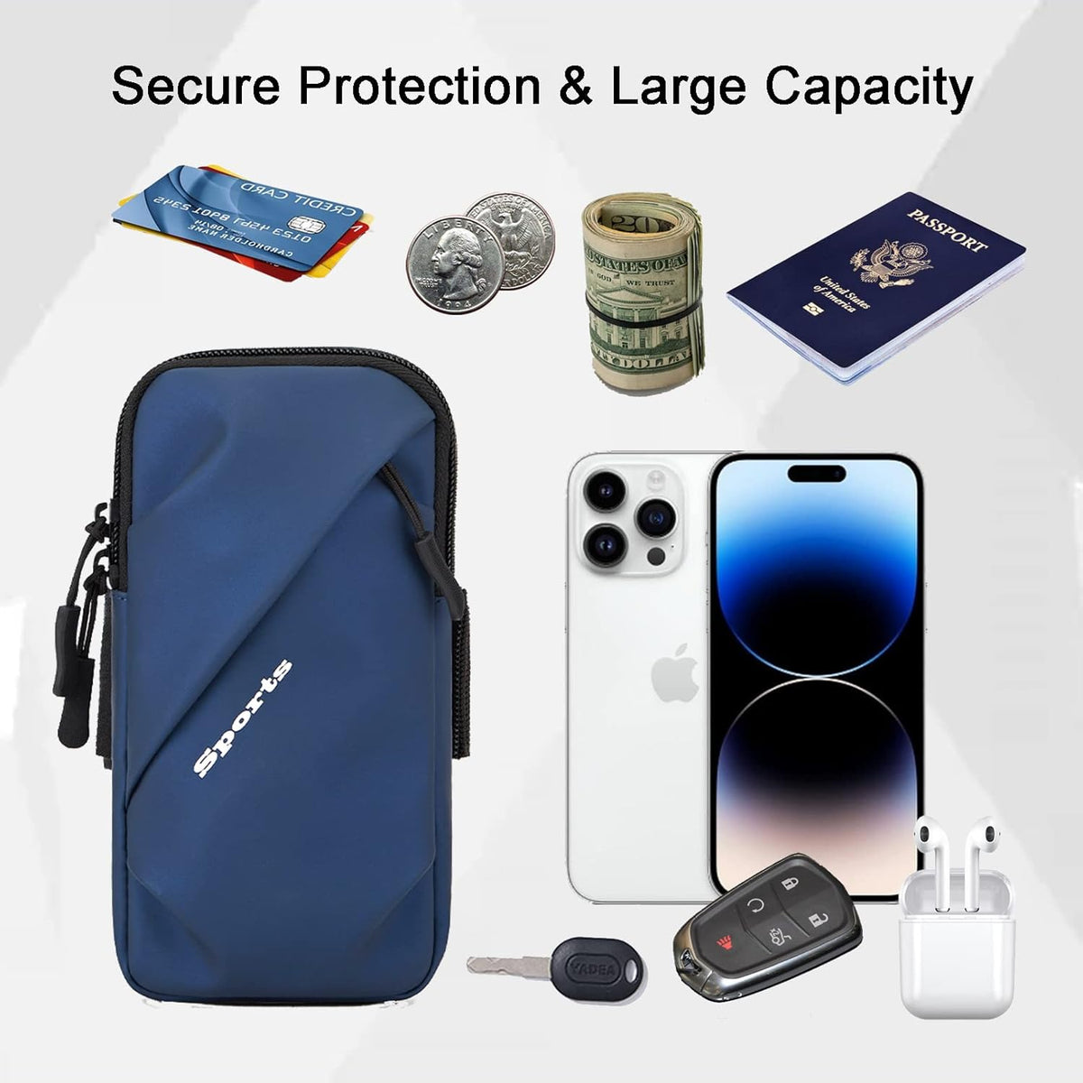 Phone Holder Arm Bands, Small Crossbody Shoulder Holsters Bag with Arm Band, Fits iPhone and All Cell Phones, Use for Running, Walking, Hiking & Biking (Plus Size,Blue)