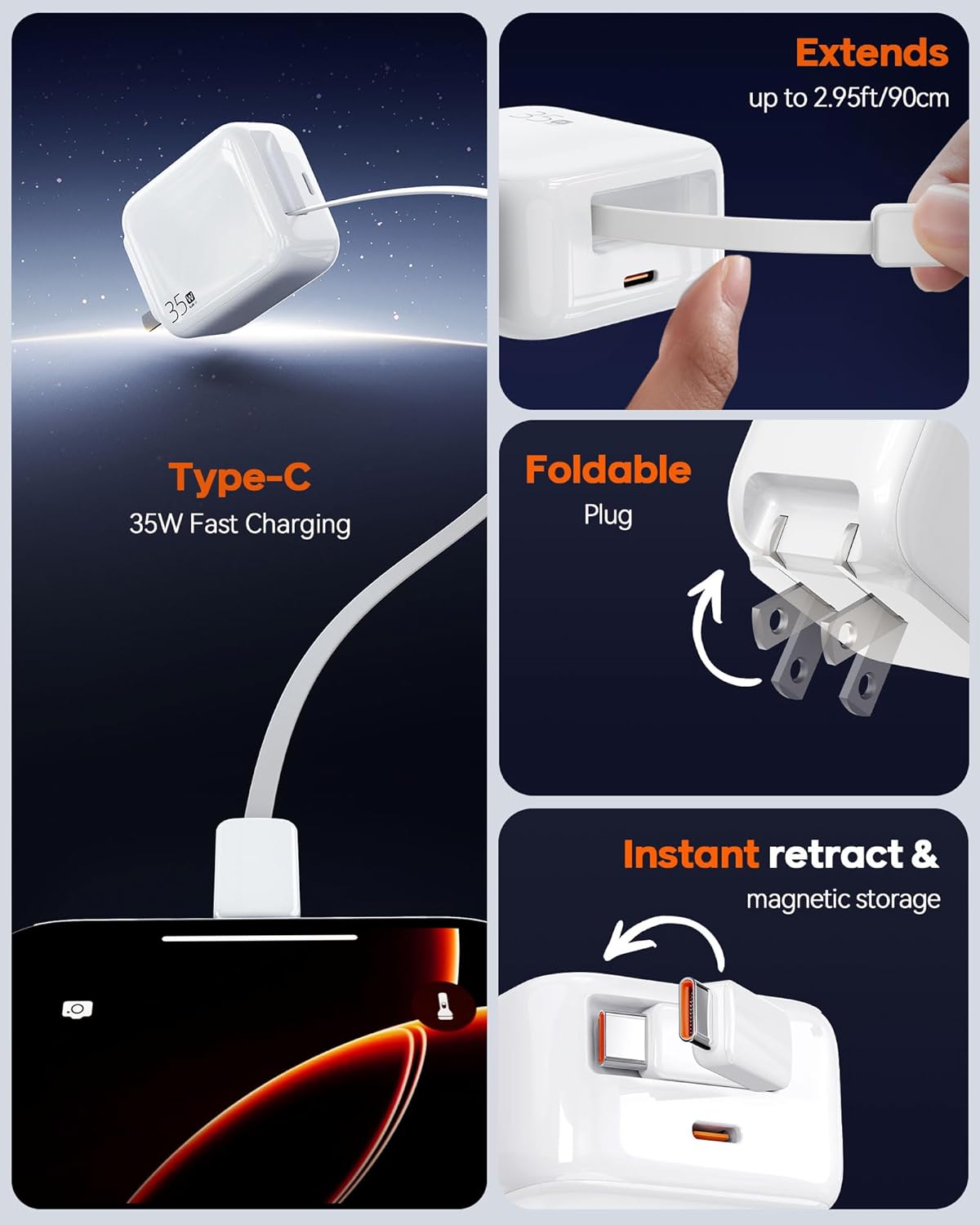 35W Retractable USB-C Wall Charger, Fast Charging Block with Foldable Plug and Retractable Type-C Cable, Dual Port PD Charger for iPhone 16/15, Galaxy S23/S22, LG, Compact for Travel & Home