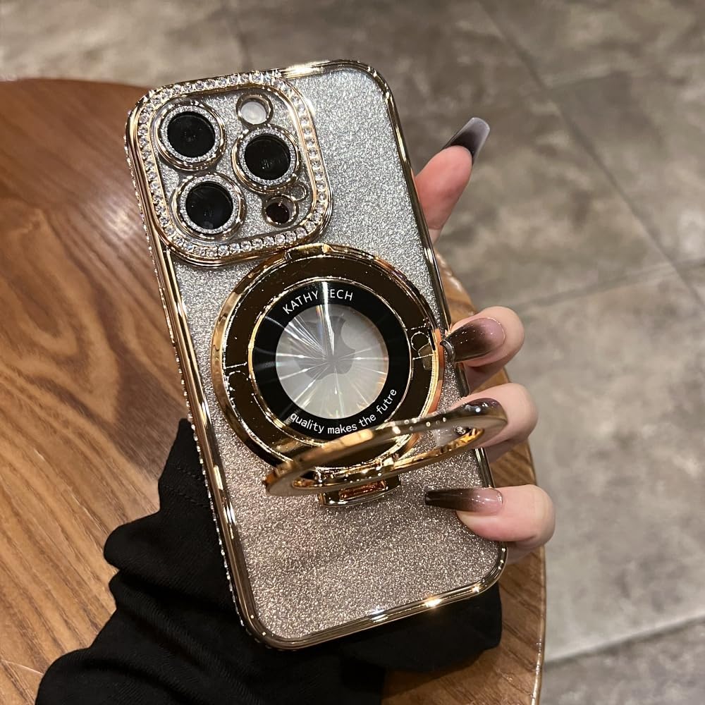 Magnetic Kickstand (Glitter Lens Protector ) Case for iPhone 15 14 13 12 Pro Max (Compatible with Magsafe ) Sparkling Diamond Cover Glitter Shiny Rhinestone Cases (Gold,for iPhone 15 Plus)