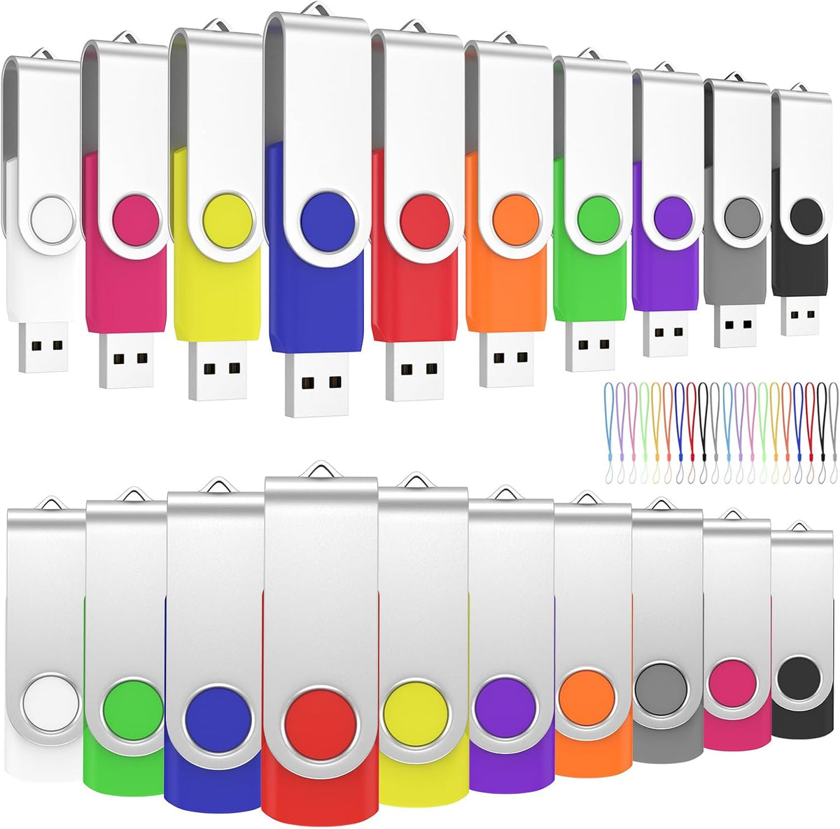 ABLAZE Flash Drives 1GB 20 Pack, USB 2.0 Thumb Drive Bulk with Lanyards Swivel Memory Stick U Disk 1GB Pendrive USB Pack (Mixcolors)