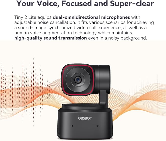 OBSBOT Tiny 2 Lite PTZ 4K Webcam 1080P@60fps HDR PC Camera with AI Tracking Micros with AI Noise Cancellation Tripod Gesture Control Auto Focus Plug &amp Play Ideal for Gaming or Streaming