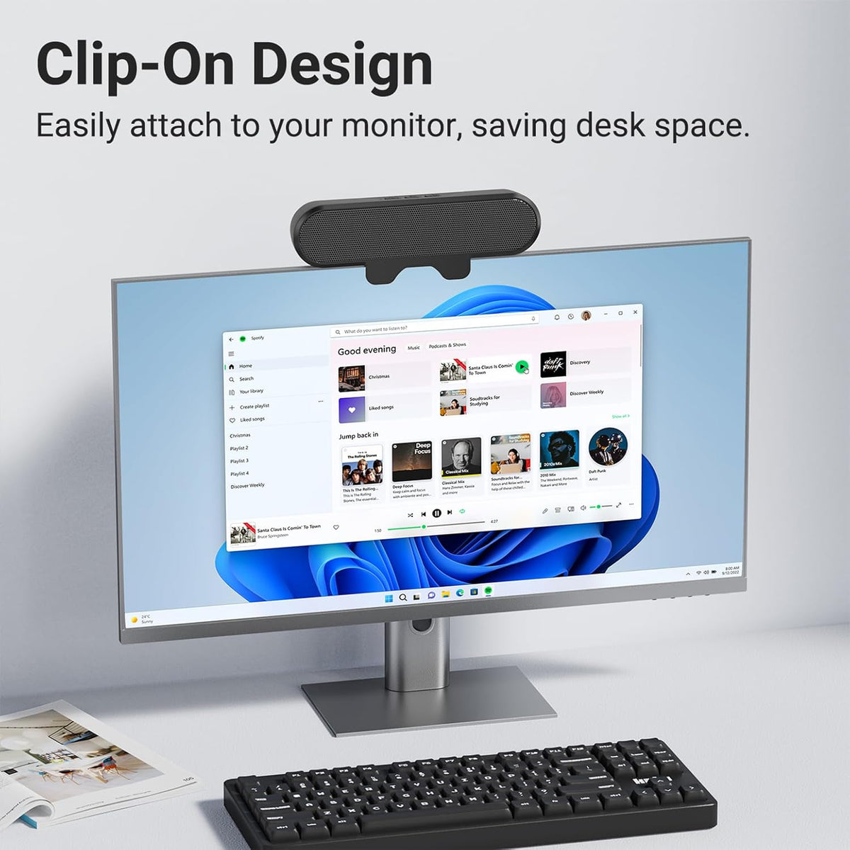 INGA Computer Speakers for Desktop PC, USB Monitor Speaker Bar with Clip-On, Wired Desk Speakers with HD Stereo Loud Sound, Laptop Speaker Mini Sound Bar, Easily Clamps to Monitor