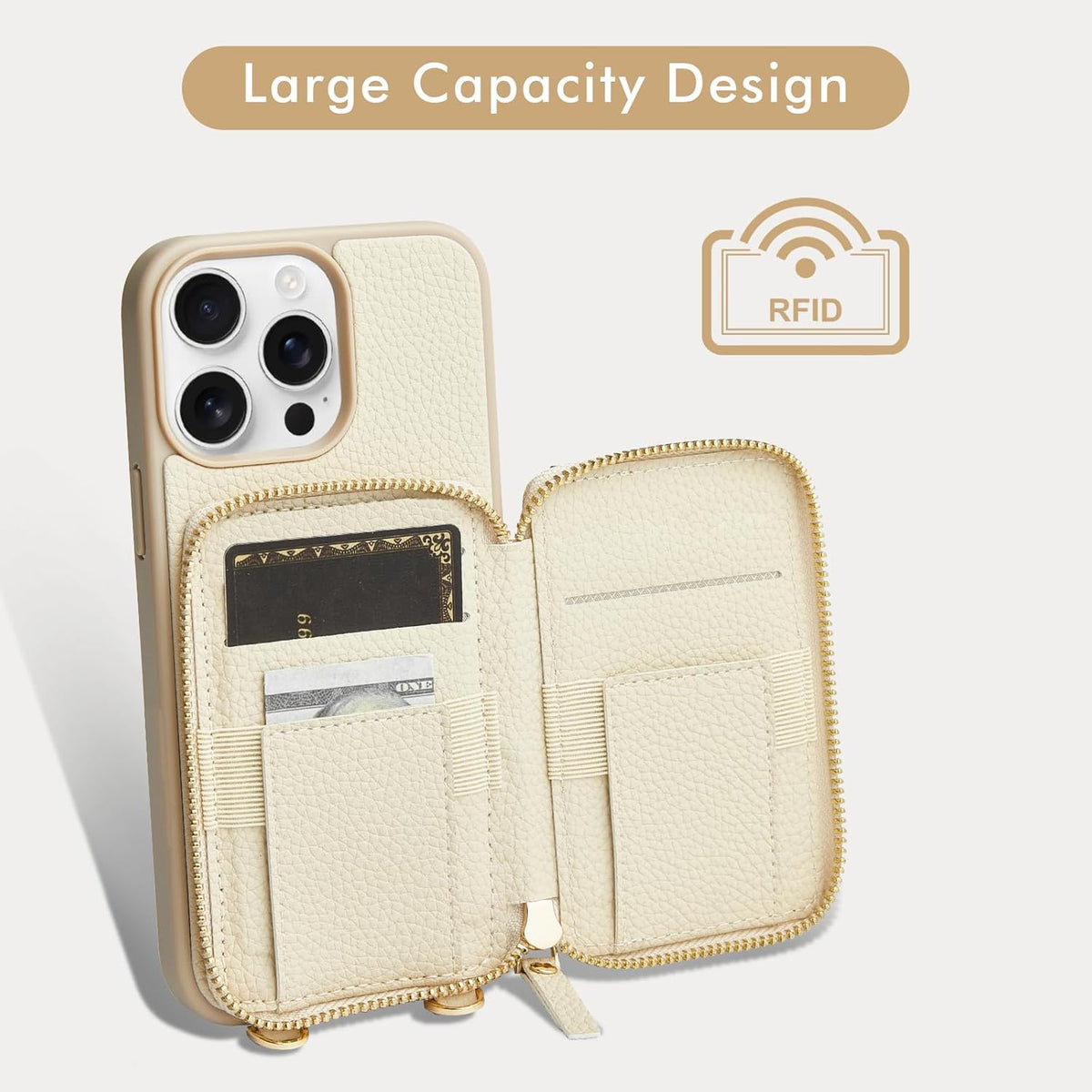 LAMEEKU for iPhone 15 Pro Wallet Case with Credit Card Holder, Zipper Leather Crossbody Case with Phone Grip Holder Stand Wrist Strap Lanyard for Women for Apple iPhone 15 Pro 6.1 inch Beige