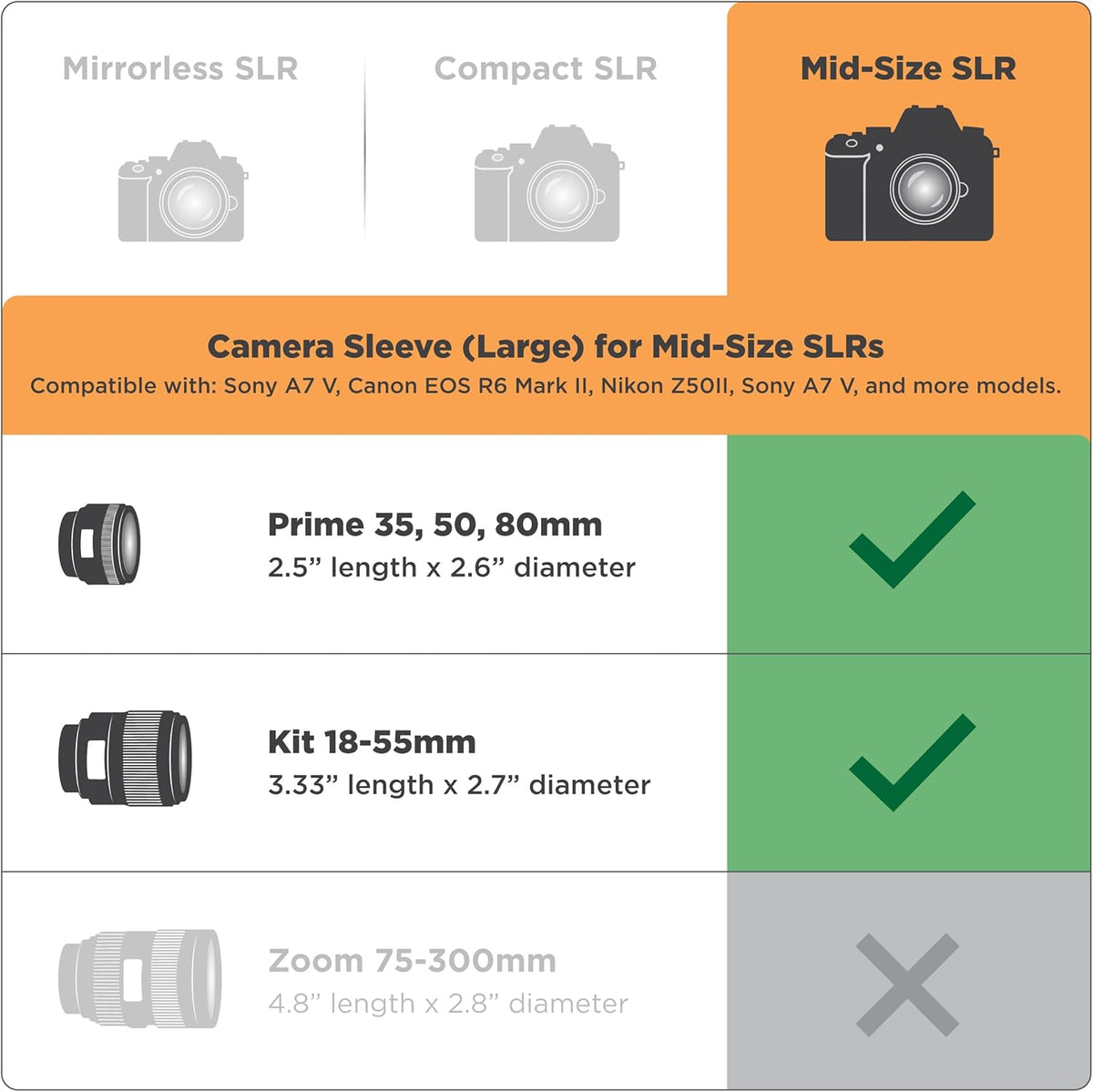 A7 R6 Z50II USA Gear Camera Sleeve (Large) for Mid-Size SLRs Compatible with Sony V, Canon EOS Mark II, Nikon & more