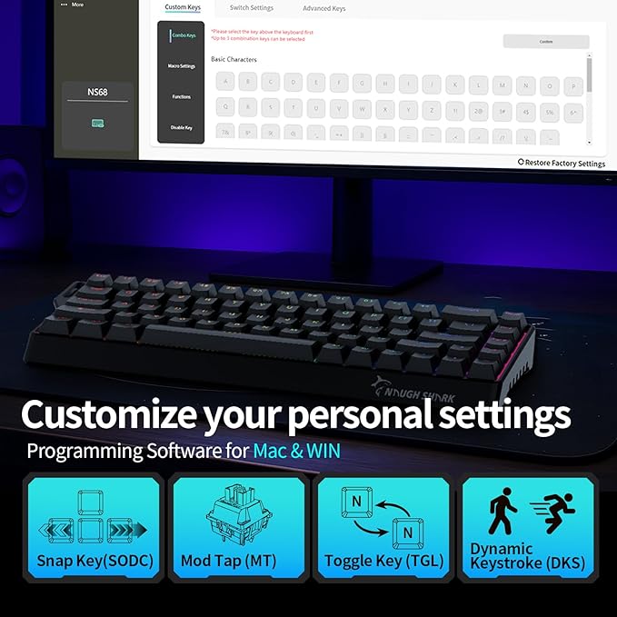 GK GAMAKAY x NaughShark NS68 Rapid Trigger Wired Gaming Keyboard 65% Hall Effect Mechanical Keyboard 8KHz Polling Rate 0.01mm RT Snap Tap Outemu Peach Crystal Magnetic Switch (Black-Shine Through)