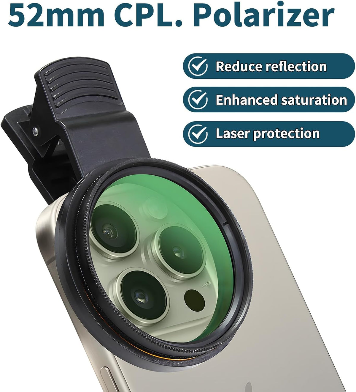 52mm Clip-on CPL Phone Camera Lens Filter, Polarized Camera Lens CPL Filter for iPhone 16 15 Pro Max Plus 14 13 Pro Max Mini 12 11 X XS Galaxy