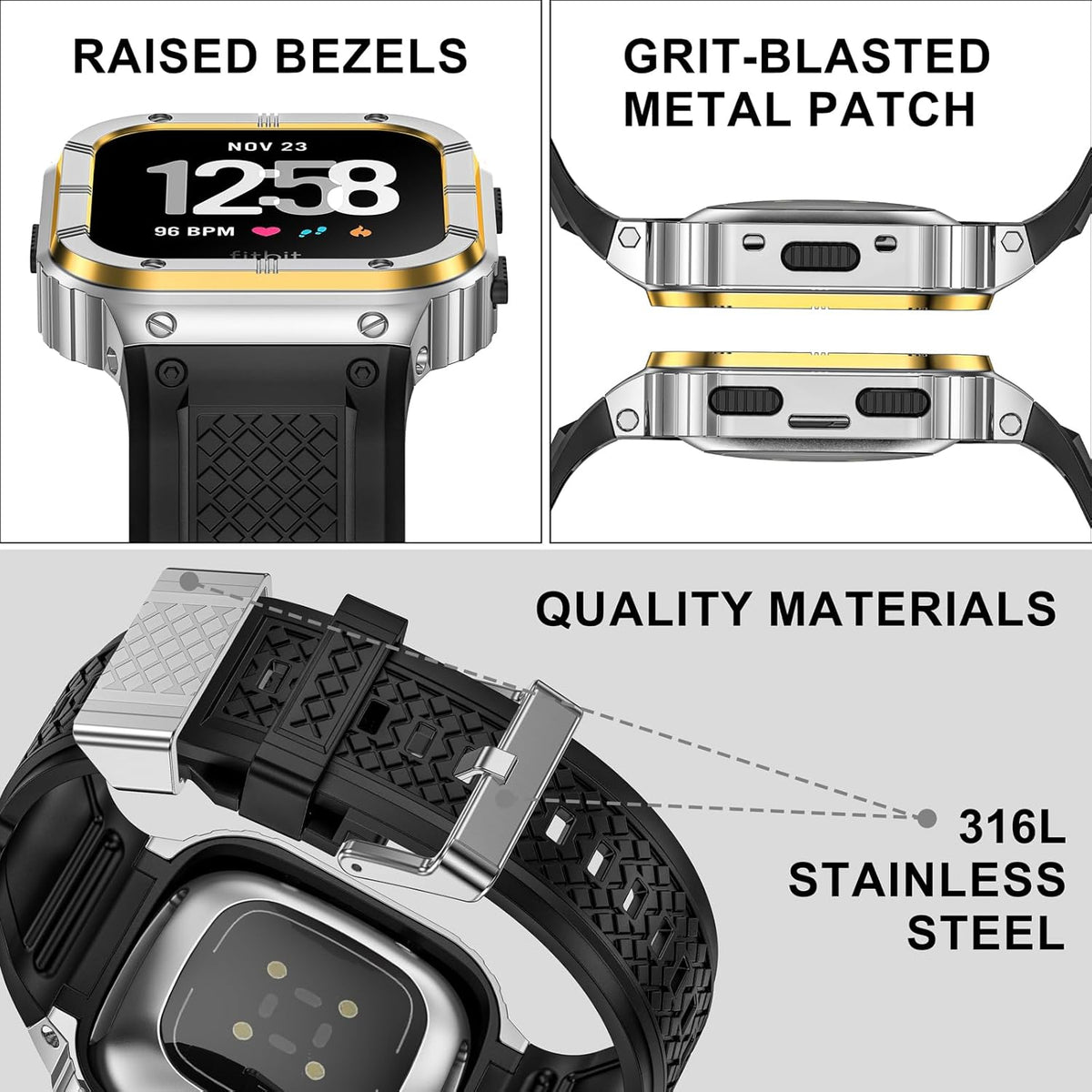 MioHHR Stainless Steel Case and Band Compatible with Fitbit Versa 4/3/2/Lite/Sense/Sense 2 Bands with Metal Case, Rugged Sports Protector Cover Silicone Wristbands for Men, Silver/Gold