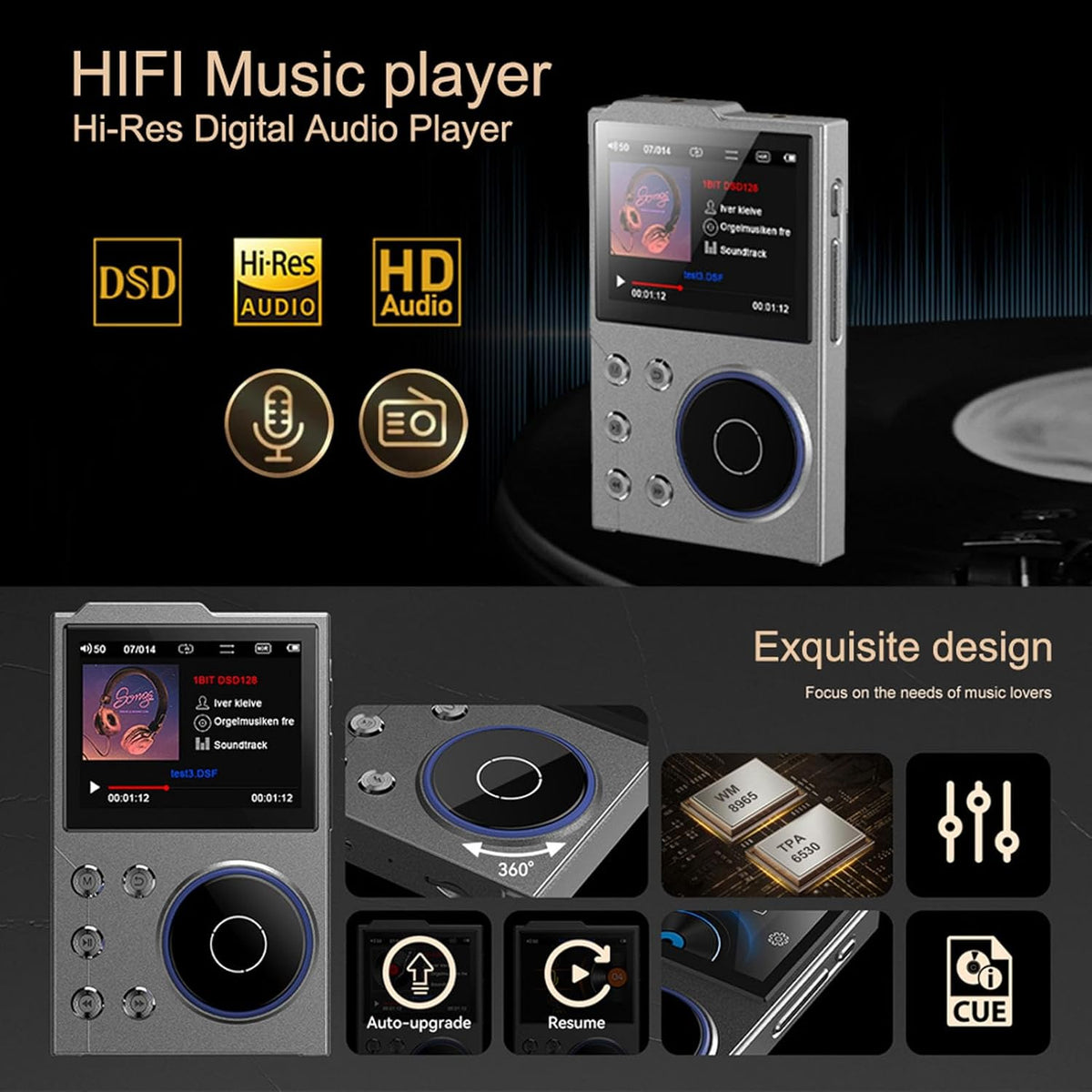 GOWENIC MP3 5.3 2.4in 128GB Player, Digital Music Player BT HiFi Sound with Color Screen, Lossless DSD FLAC HD HiFi