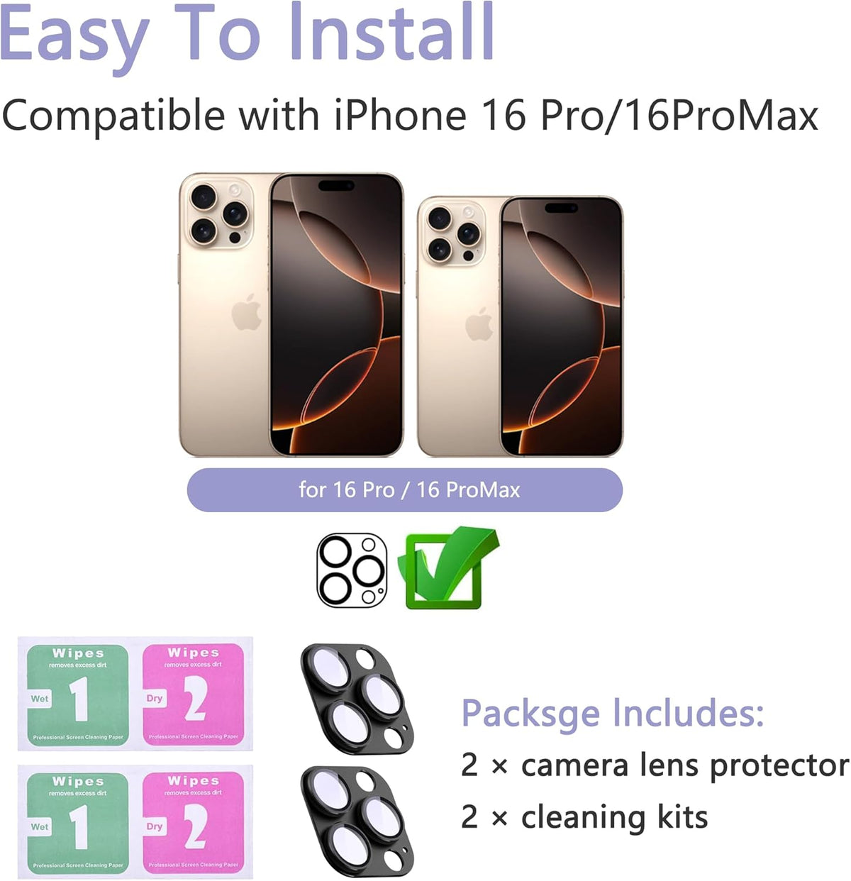 2 Pack Camera Lens Protector for iPhone 16 Pro/iPhone 16 Pro Max,[Not Easy to Breakn ] AR Tempered Glass Strong Adsorption Metal Camera Cover Screen-Black