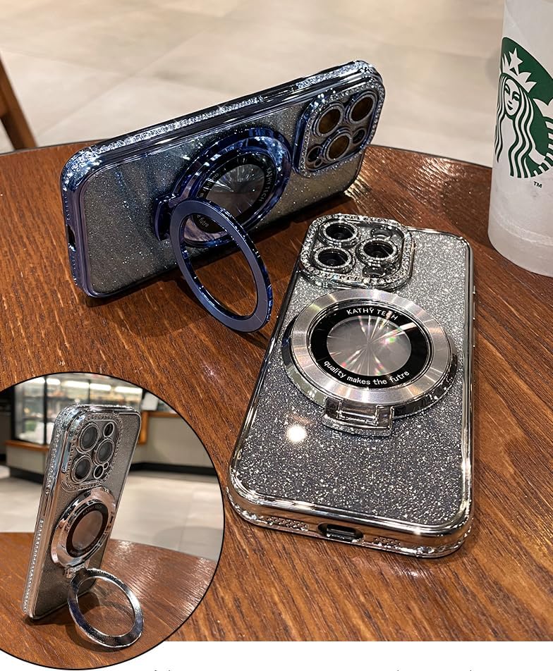 Magnetic Kickstand (Glitter Lens Protector ) Case for IPhone 15 14 13 12 Pro Max (Compatible with Magsafe ) Sparkling Diamond Cover Glitter Shiny Rhinestone Cases (Blue,for iPhone 12 Pro Max)