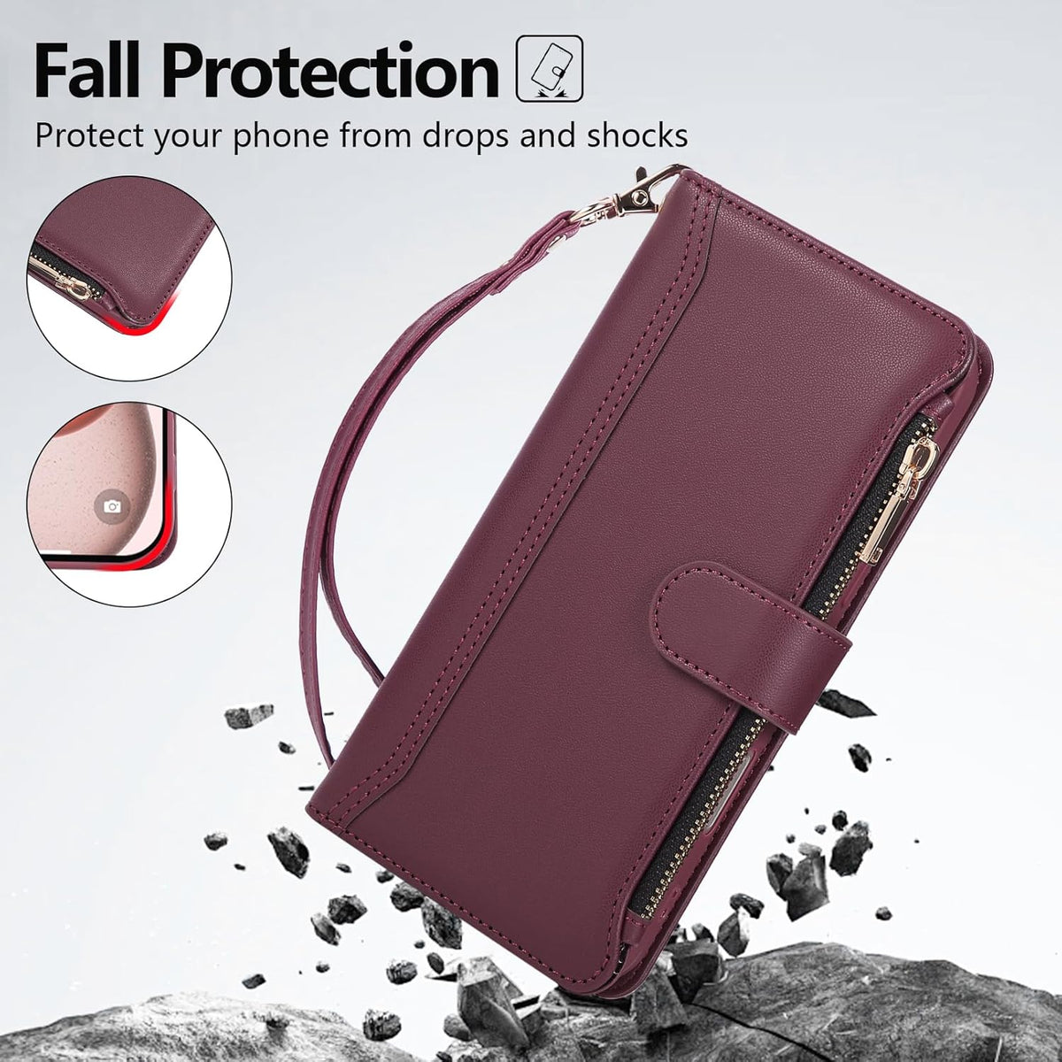 Compatible with iPhone 12 Pro Max Wallet Phone Case-PU Leather Magnetic Flip Cover with Credit Card Slots,Zipper Pocket & Detachable Wrist Strap,Shockproof Design,for Women and Men-Claret