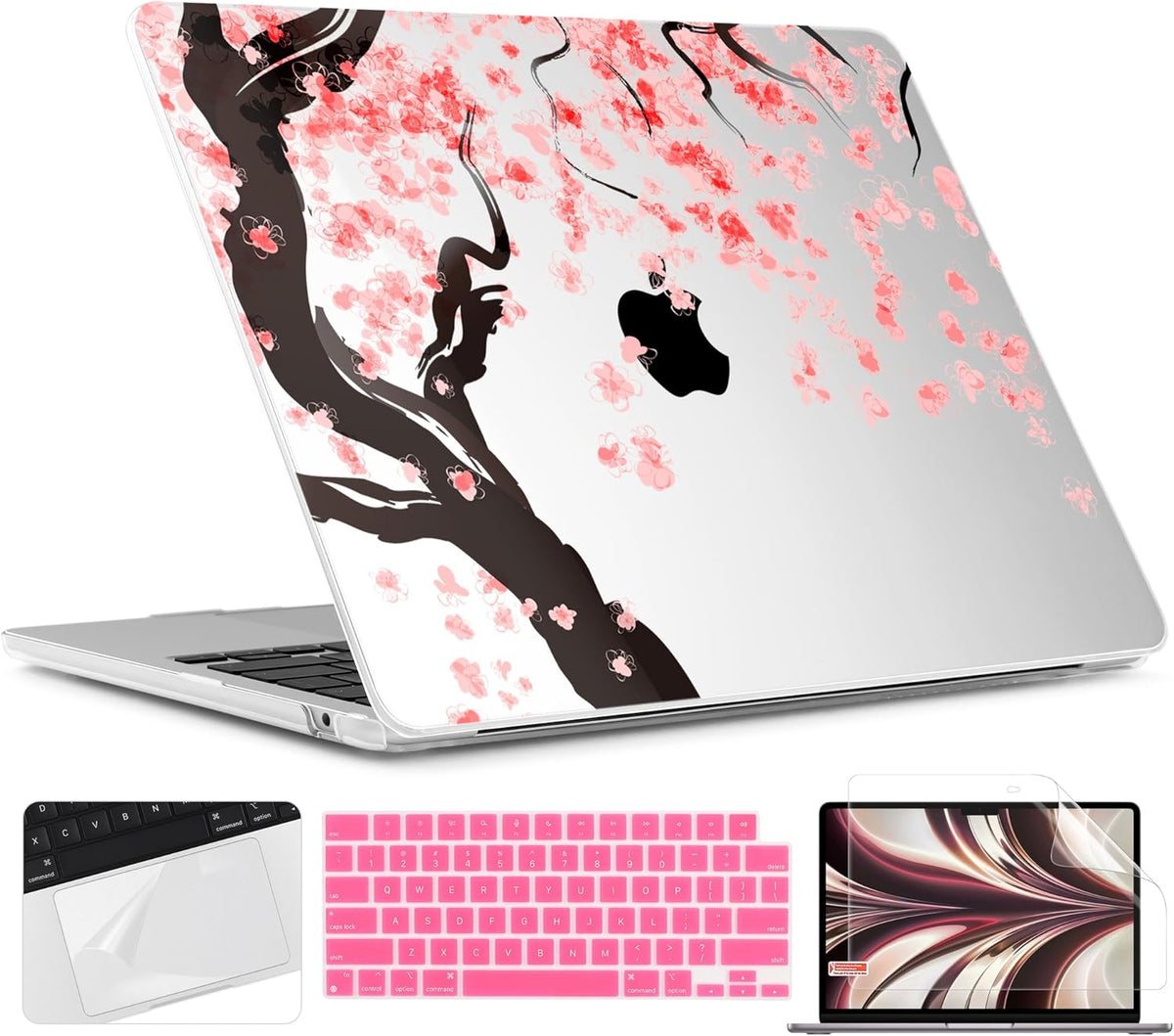 TWOLSKOO for M4 MacBook Air 13.6 inch Case 2025-2022 Release M4 A3240 M3 A3113 M2 A2681, Plastic Hard Shell & Screen Protector & Keyboard Cover & Trackpad Film, Cherry Blossoms