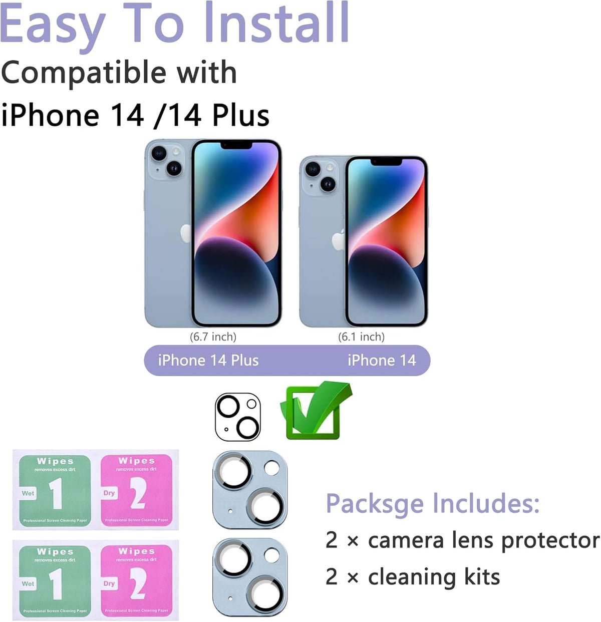 2 Pack Camera Lens Protector for iPhone 14 / iPhone 14 Plus,[Not Easy to Breakn ] AR Tempered Glass Strong Adsorption Metal Camera Cover Screen-blue