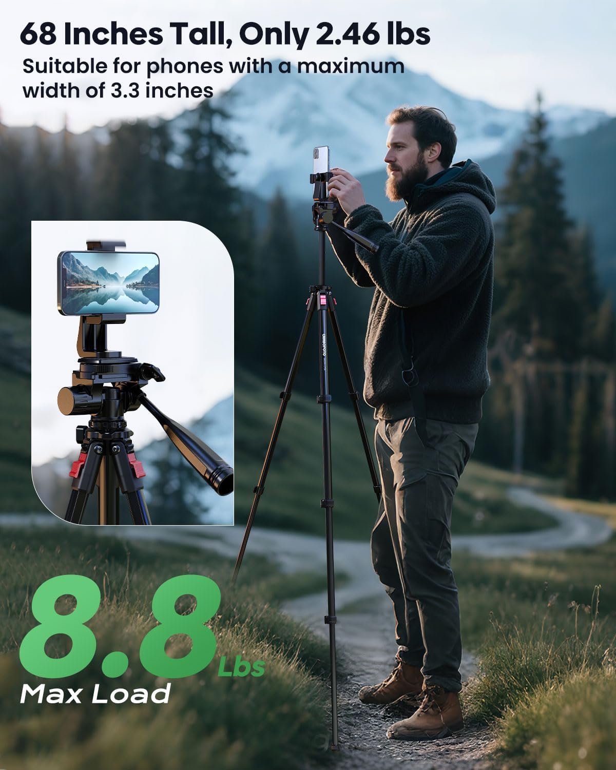 68" Lightweight Camera Tripod Stand, Compact Portable Travel Aluminum Tripod for DSLR/SLR, Compatible with Canon/Nikon/Phone (Supports 8.8 lbs, Weighs 2.46 lbs) Black