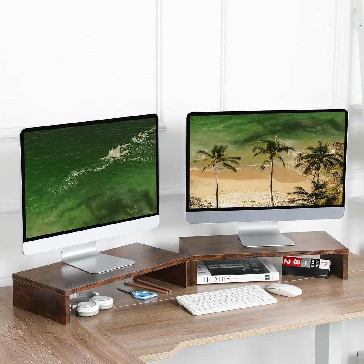 2 Pack Riser-20 inch, TEAMIX Monitor Stand Wooden Tabletop Shelf for TV/PC/Laptop/Printer, Rustic Brown Monitor Riser