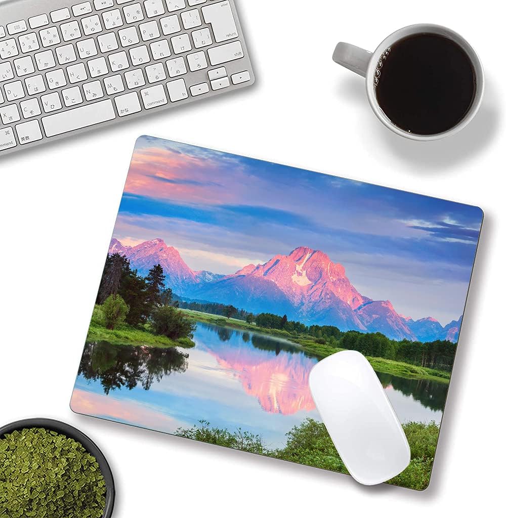Snowy Mountains Lake Tree Mountains Mouse Pad, Landscape Mouse Pad Custom Design, Square Waterproof Mouse Pad Non-Slip Rubber Base MousePads for Office Laptop, 9.5 x7.9 x0.12 inch